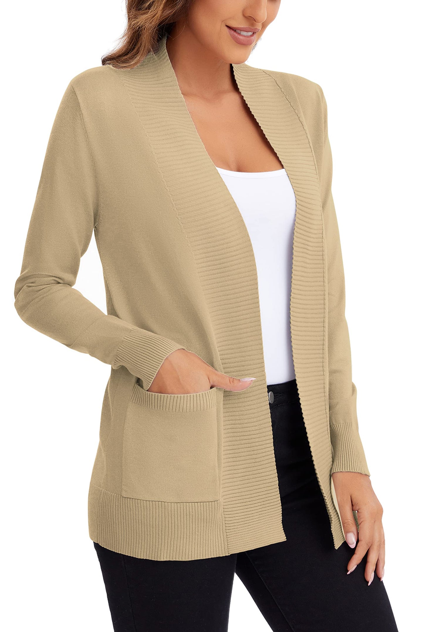Urban CoCo Leichter Strickjacke für Damen mit offener Vorderseite, lange Ärmel, mit Tasche