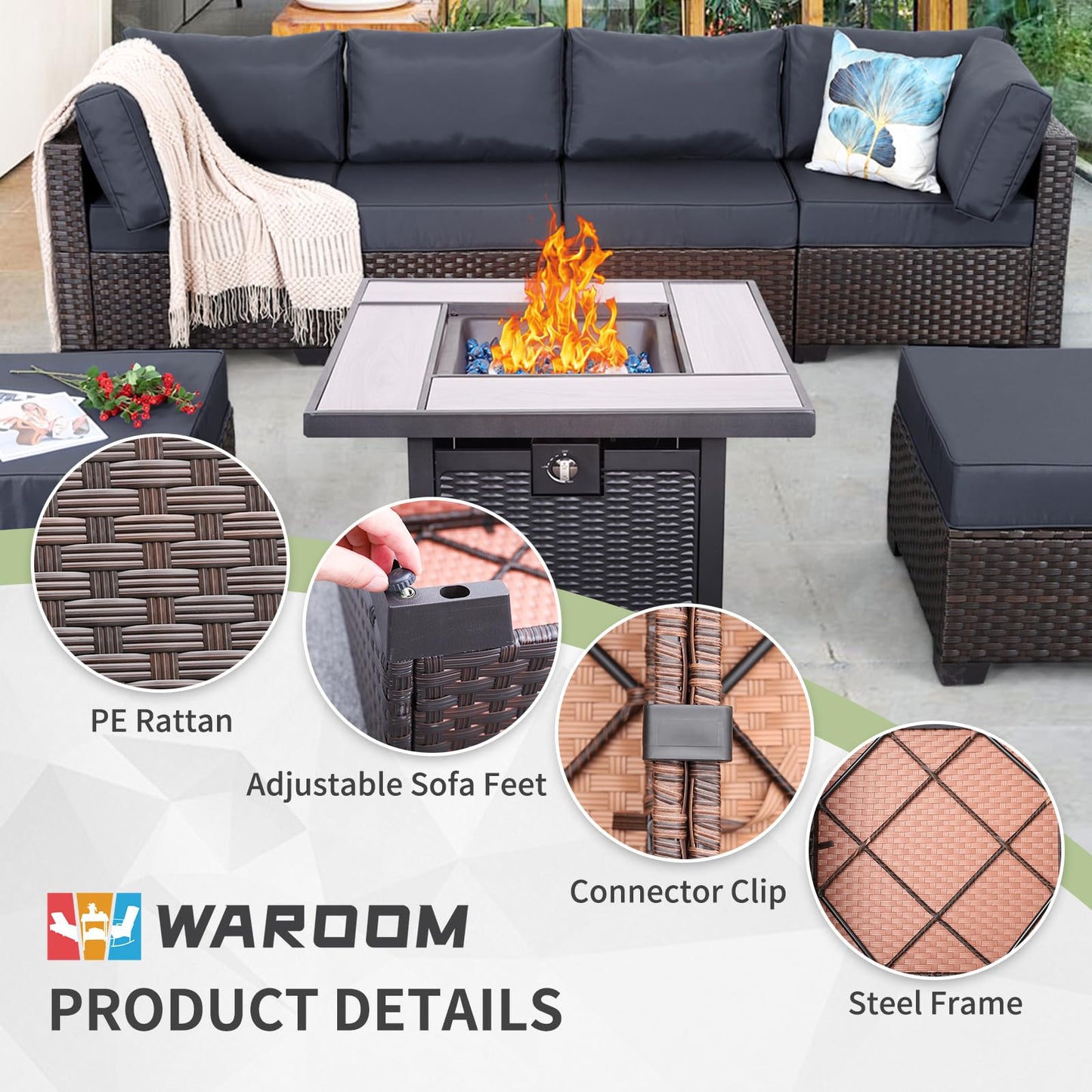 Outdoor Patio Dark Brown Rattan 7 Piece Sectional Set PE Wicker Conversation Sofa with Liftable Storage Table Non-Slip 5" Thick Royal Blue Cushion and Furniture Cover