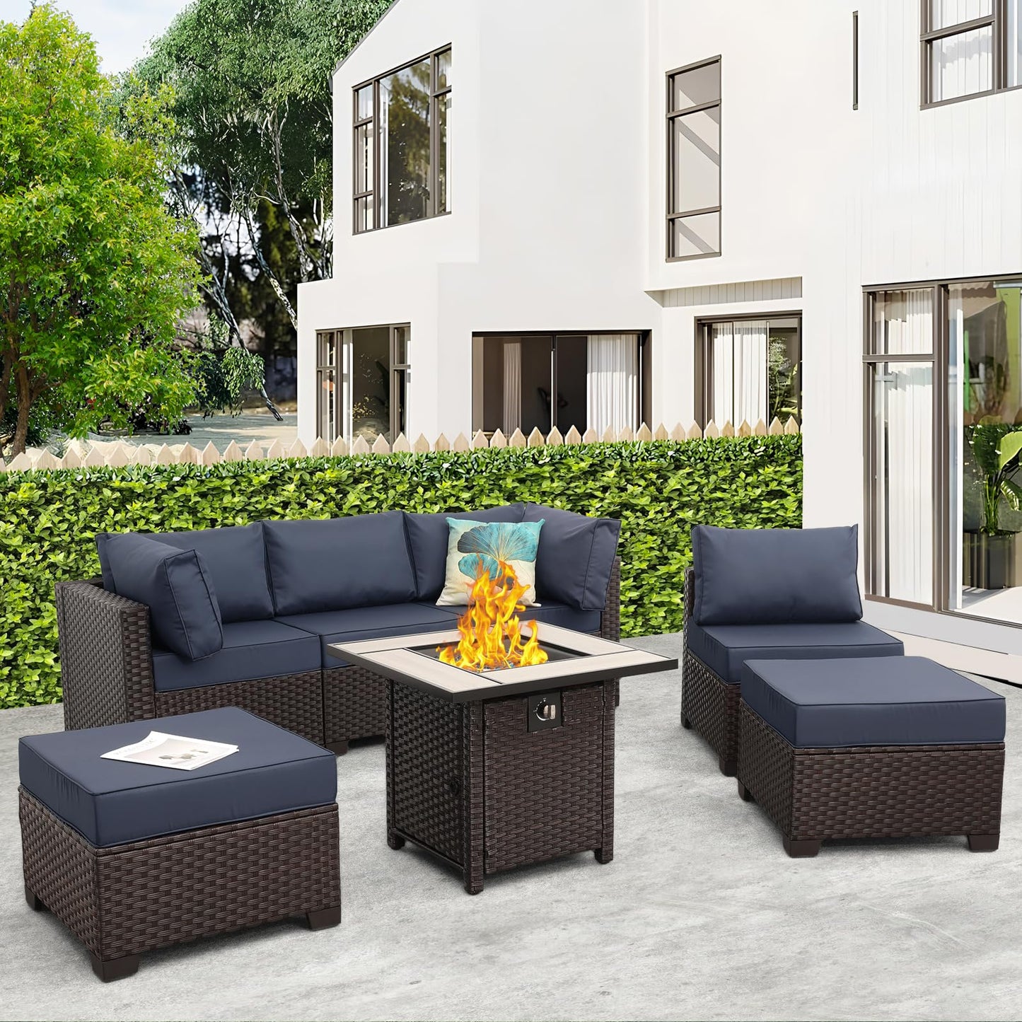 Outdoor Patio Dark Brown Rattan 7 Piece Sectional Set PE Wicker Conversation Sofa with Liftable Storage Table Non-Slip 5" Thick Royal Blue Cushion and Furniture Cover