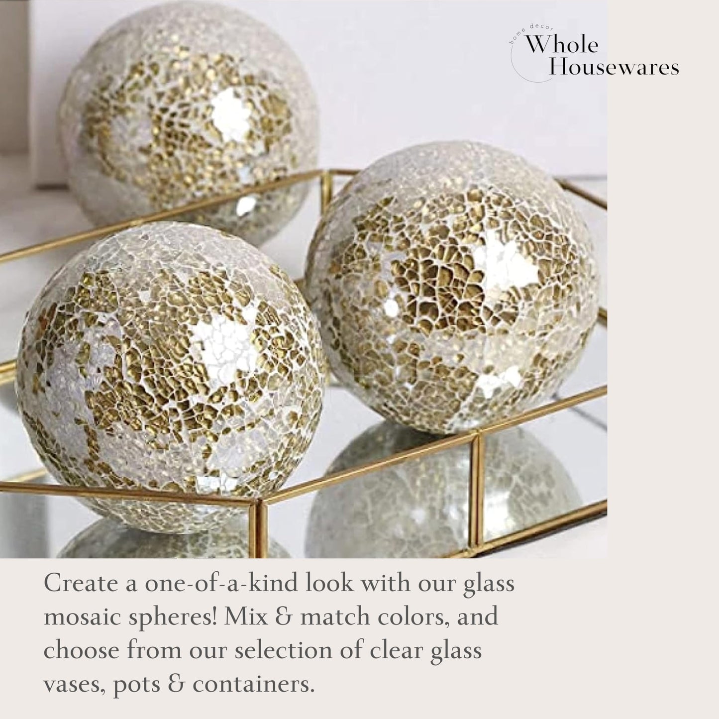 WHOLE HOUSEWARES | Decorative Balls for Centerpiece Bowls | Set of 3 | Glass Mosaic Sphere | Diameter 4" | Home/Garden/Kitchen/Living Room Decor | Gold