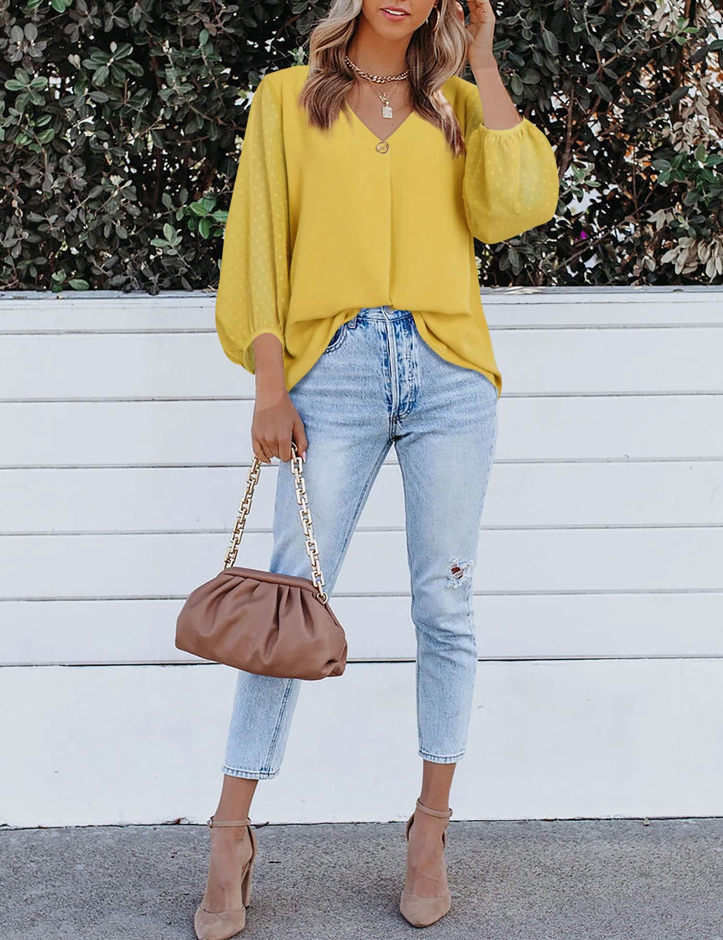 Bebonnie Damen Chiffonbluse mit Laternenmuster, 3/4-Ärmel, lässig, locker, V-Ausschnitt