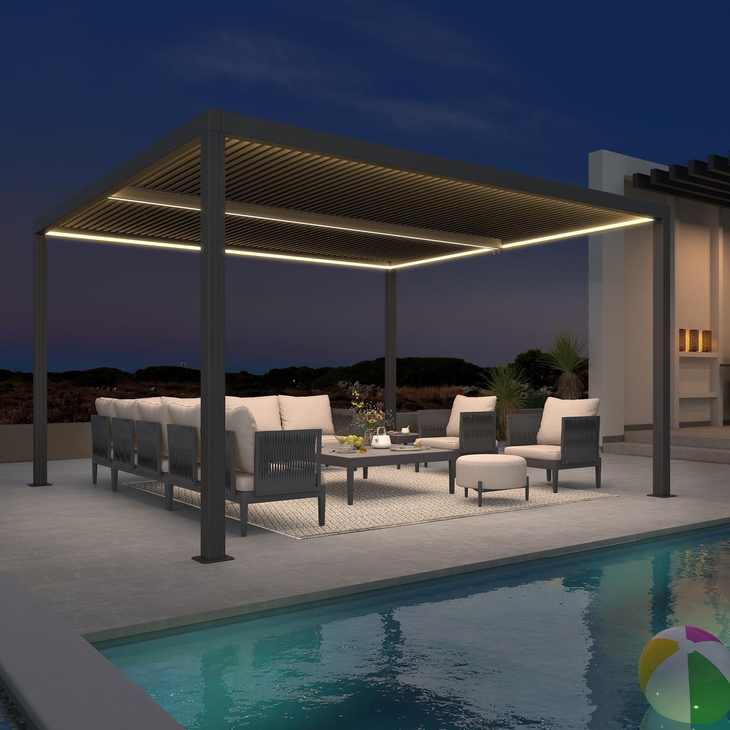 PURPLE LEAF Lamellenpergola 94AS, 3,3 x 4,3 m, Aluminium-Pergola für den Außenbereich mit Sonnenschutz, verstellbarem Dach für Terrasse, Hinterhof, grauer Pavillon mit festem Dach, 1 lange Seite und 2 kurze Seiten