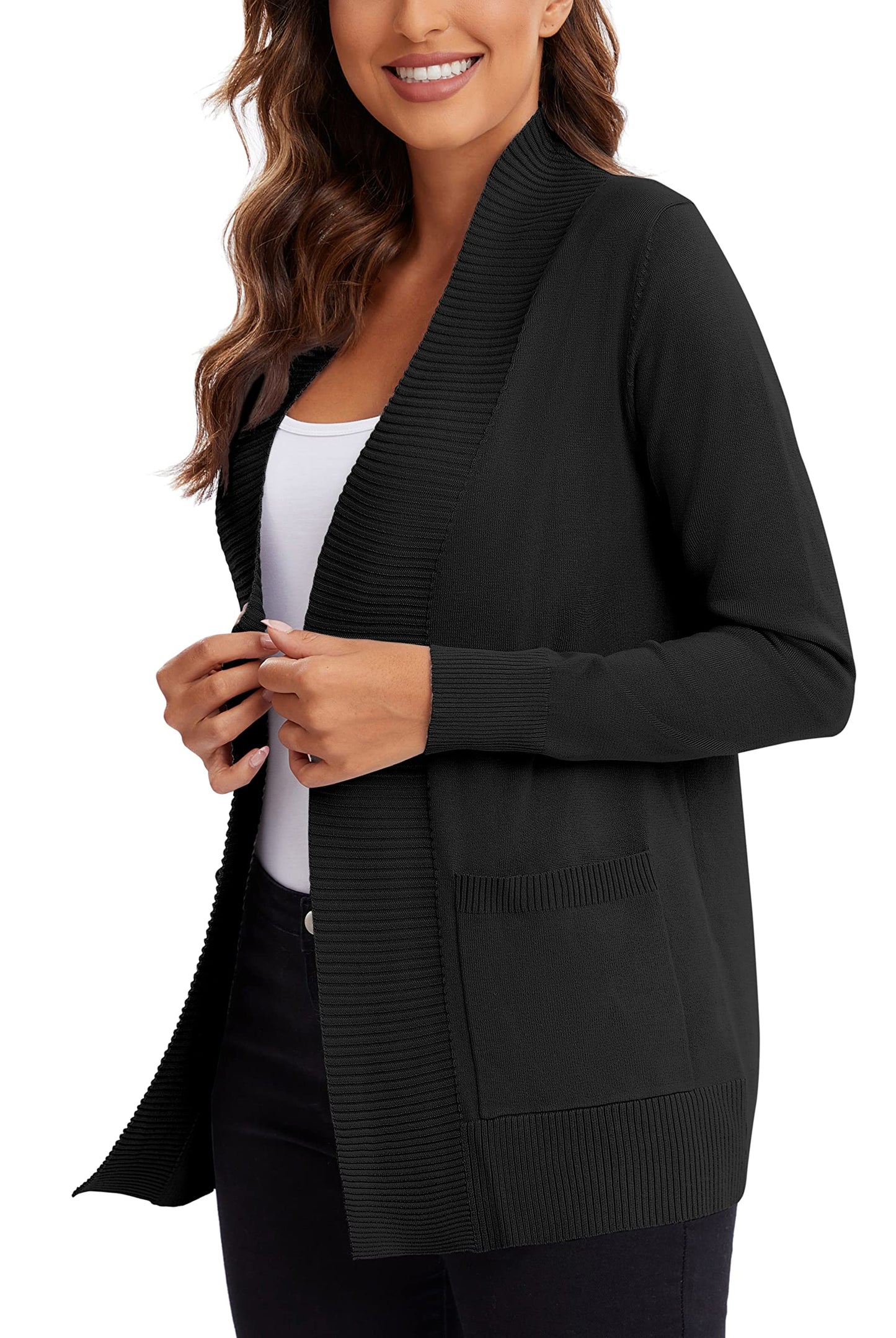 Urban CoCo Leichter Strickjacke für Damen mit offener Vorderseite, lange Ärmel, mit Tasche