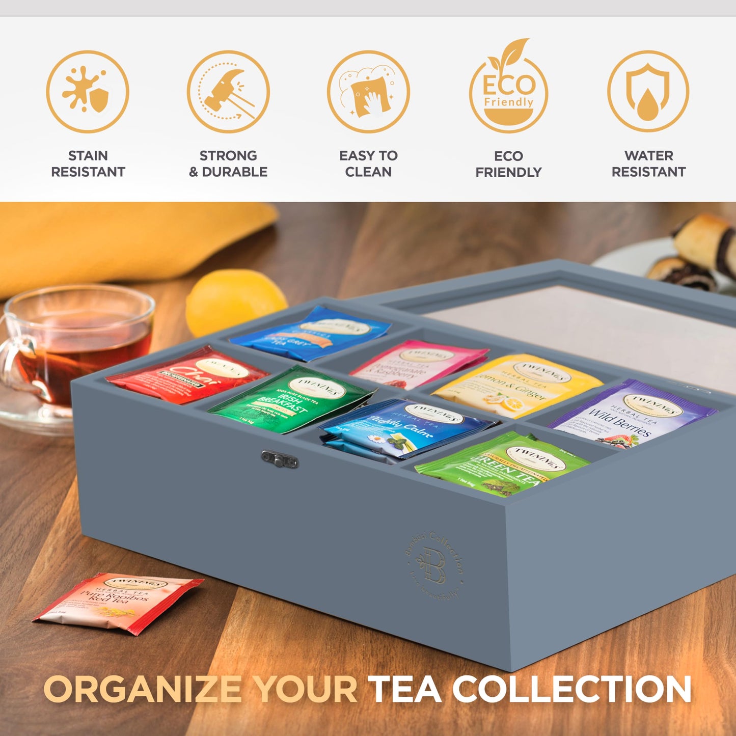 Bamboo Tea Bag Organizer Storage Box with Drawer & Acrylic Window - Magnetic Lid Keeps Contents Fresh - Ideal Mothers Day Gifts for Mom - Gift Caddy (Tea Not Included)