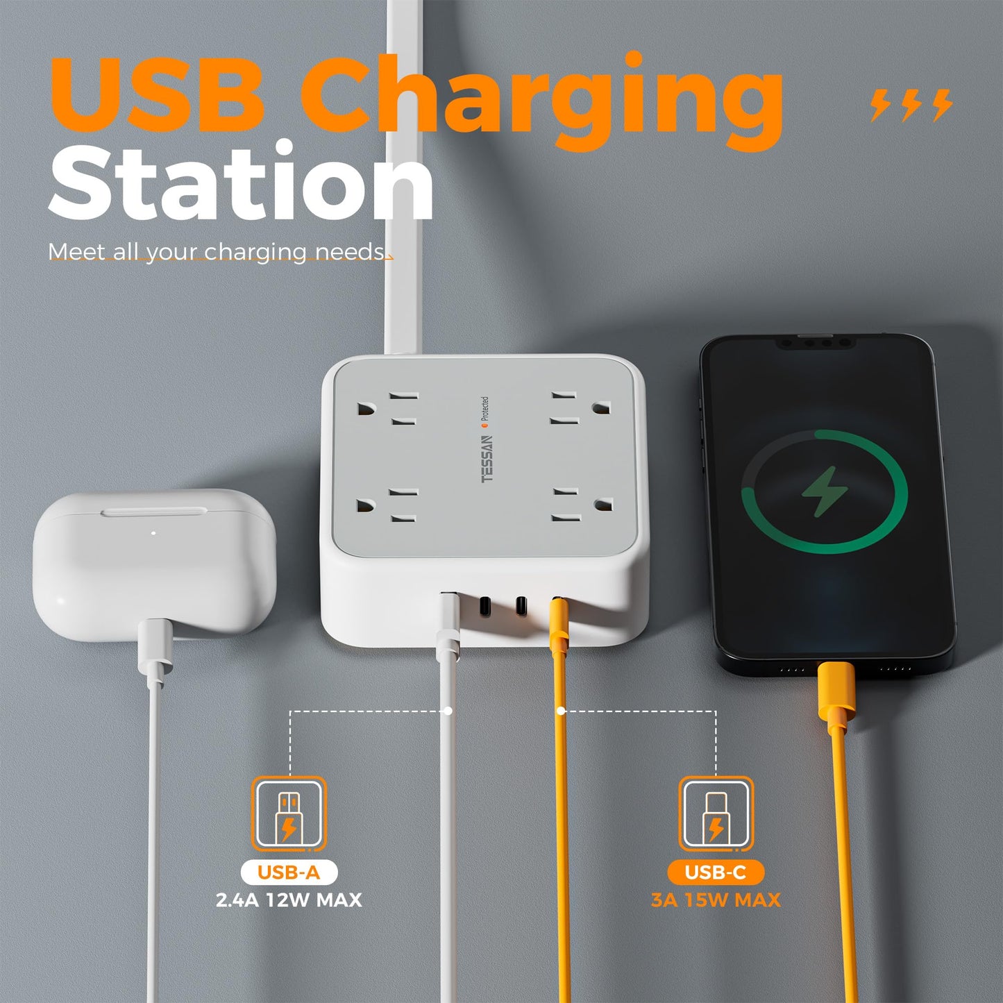 Surge Protector Flat Extension Cord Flat Plug Power Strip, 8 AC Outlets, 3 USB Charger(1 USB C Port) 3-Sided Outlet Extender, 5 Ft, 900 Joules Protection