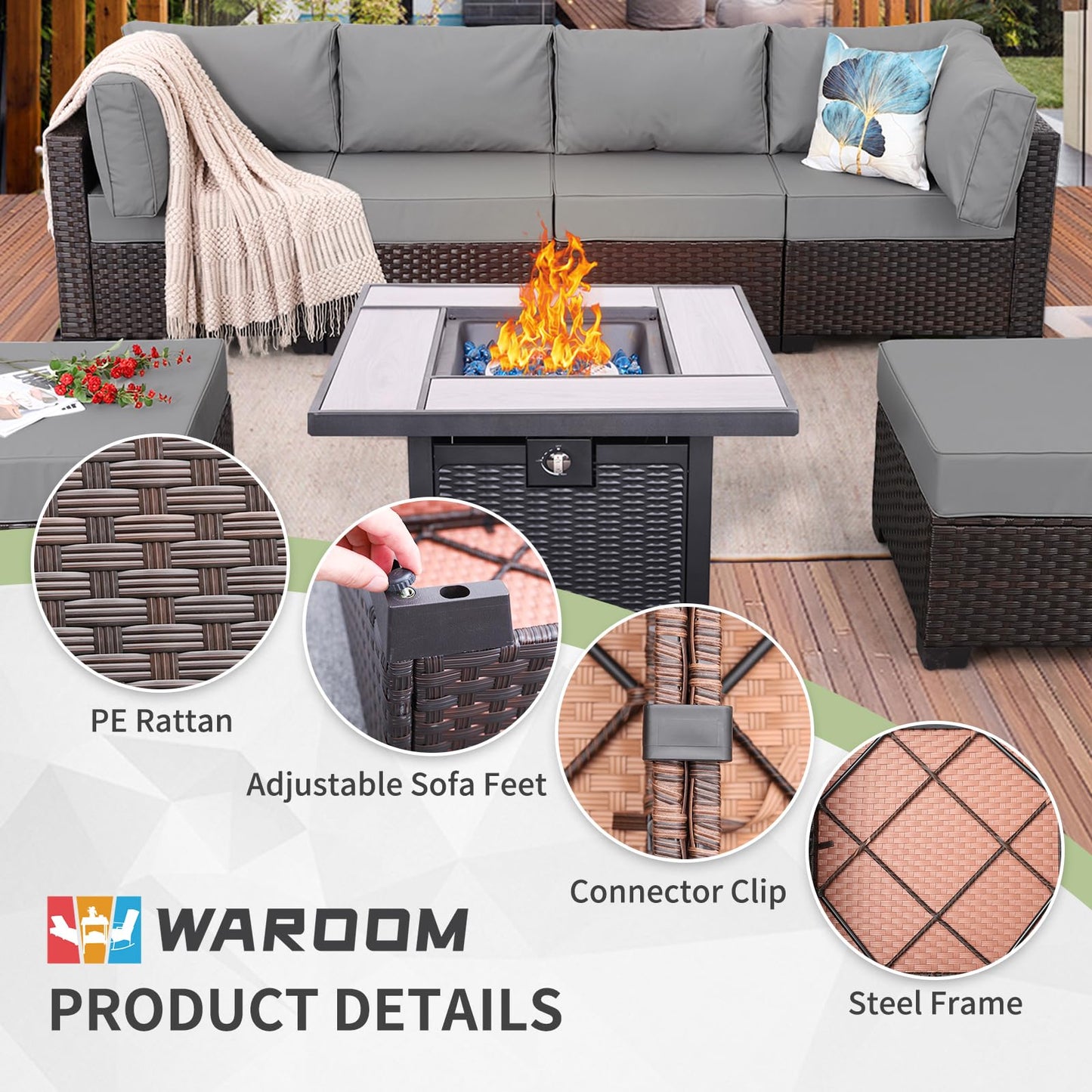 Outdoor Patio Dark Brown Rattan 7 Piece Sectional Set PE Wicker Conversation Sofa with Liftable Storage Table Non-Slip 5" Thick Royal Blue Cushion and Furniture Cover