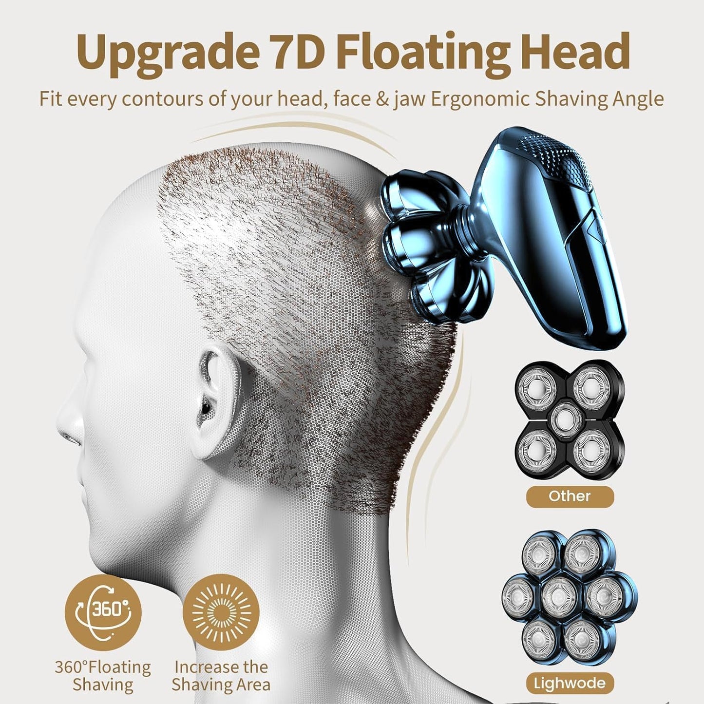 Detachable Head Shavers, SHPAVVER 5 in 1 Electric Razor IPX7 Waterproof for Bald Men, Wet Dry LED Display Rechargeable 7D Rotary Shaver Grooming Kit with Type C Charge A