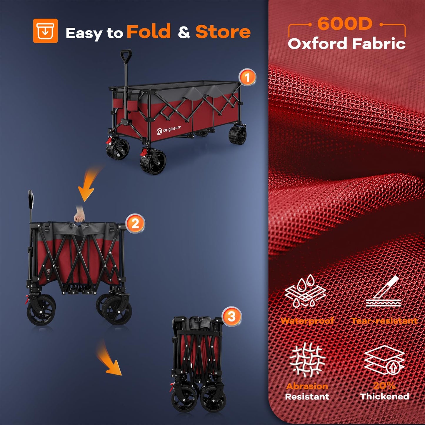 48" L Collapsible Wagon Cart Foldable, 560LB Weight Capacity 300L Heavy Duty Folding Beach Wagons with Big All-Terrain Wheels, Utility Carts for Groceries, Shopping, Camping, Sports - Black