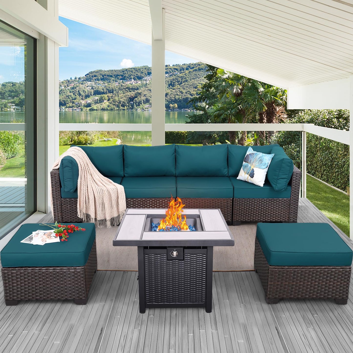 Outdoor Patio Dark Brown Rattan 7 Piece Sectional Set PE Wicker Conversation Sofa with Liftable Storage Table Non-Slip 5" Thick Royal Blue Cushion and Furniture Cover