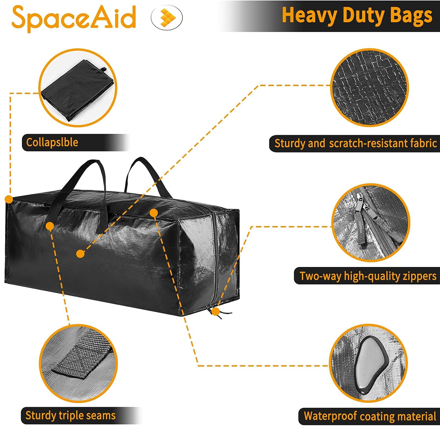 SpaceAid Strapazierfähige Umzugstaschen, extragroße Aufbewahrungstaschen mit Rucksackgurten, starken Griffen und Reißverschlüssen, Alternative zu Umzugskartons, Verpackungs- und Umzugszubehör, Schwarz (10er-Pack)