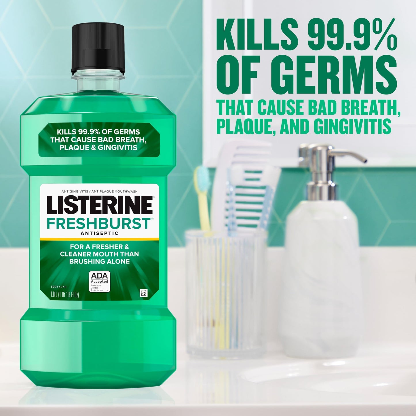 Listerine Freshburst Antiseptic Mouthwash for Bad Breath, Kills 99% of Germs That Cause Bad Breath & Fight Plaque & Gingivitis, ADA Accepted Mouthwash, Spearmint, 1 L