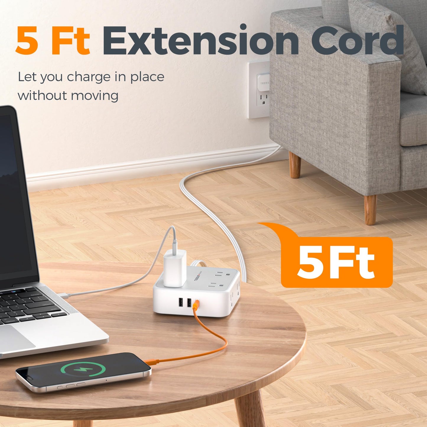 Surge Protector Flat Extension Cord Flat Plug Power Strip, 8 AC Outlets, 3 USB Charger(1 USB C Port) 3-Sided Outlet Extender, 5 Ft, 900 Joules Protection