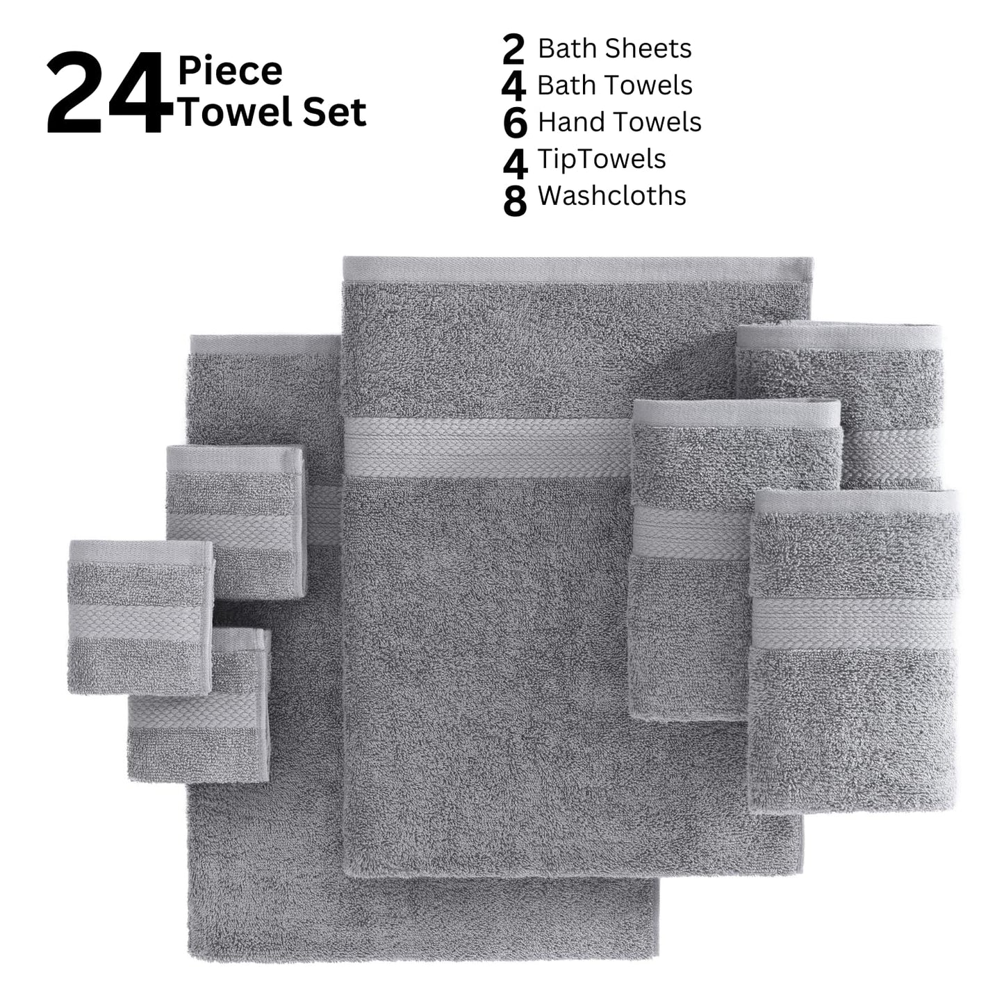 LANE LINEN 24-teiliges Badezimmerhandtuch-Set – 100 % Baumwolle, Badetuch-Sets, 4 Badetücher extragroß, 2 Badelaken, 6 Handtücher fürs Badezimmer, 8 Waschlappen, 4 Fingerkuppen-Handtücher – weiße Handtücher
