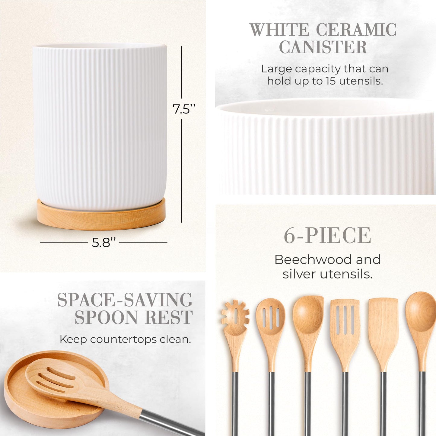 Ensemble d'ustensiles de cuisine en bois – Ensemble de 8 pièces comprenant des ustensiles de cuisine en bois et en or, un porte-ustensiles blanc et un repose-cuillère en bois – Ustensiles de cuisine durables et élégants pour cuisiner et servir