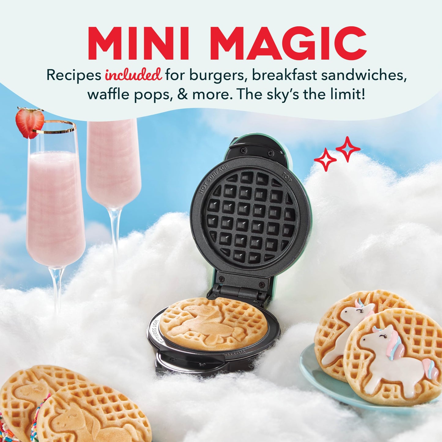 DASH Holiday Multimaker Mini System - Waffle Maker with Six 4” Removable Holiday Plates: Waffle Iron & Griddle, 4-in-1 Mini Waffle Maker for Kids and Families – Nonstick Surface, Santa Waffle (Red)