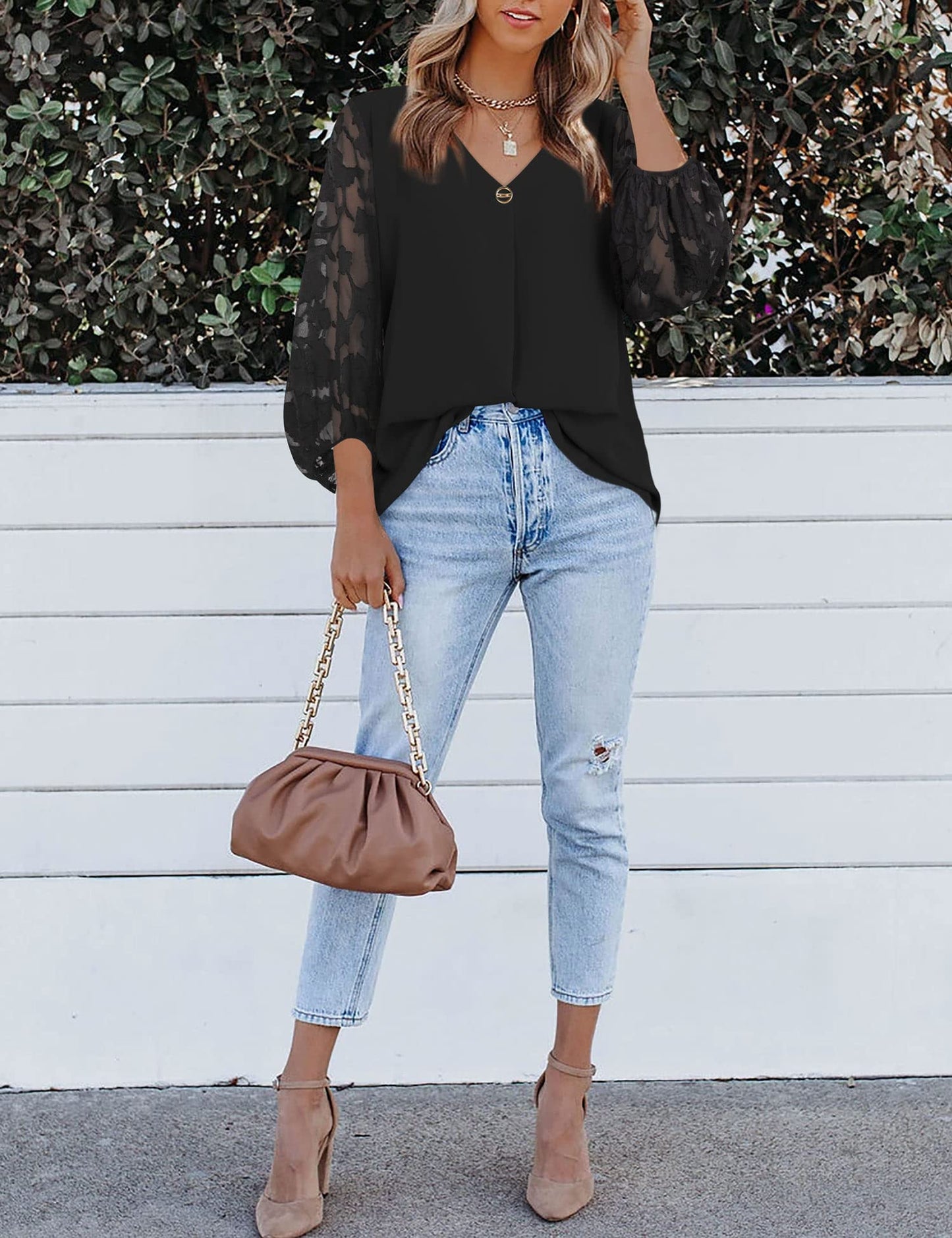 Bebonnie Damen Chiffonbluse mit Laternenmuster, 3/4-Ärmel, lässig, locker, V-Ausschnitt