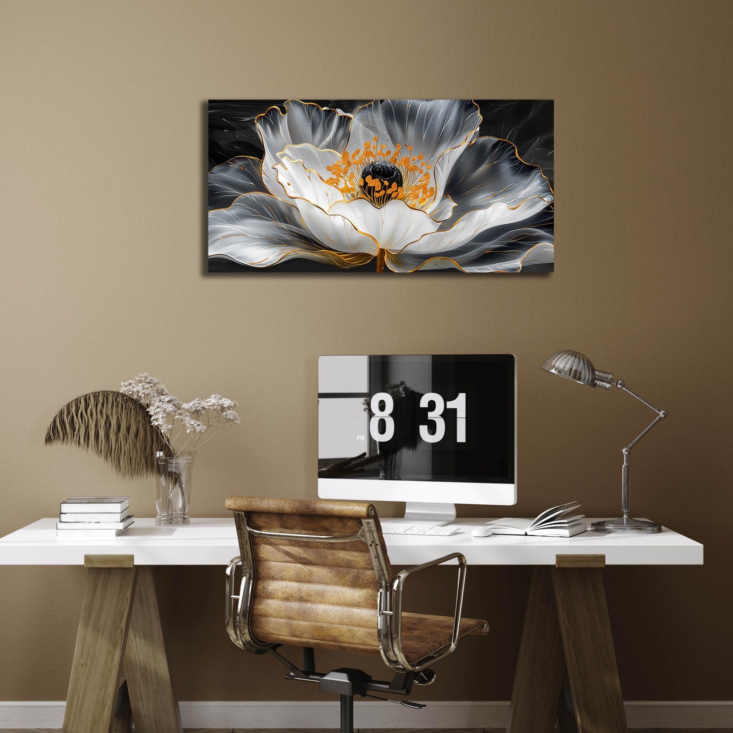 Gold Wall Art White Wall Pictures Beautiful Flower Wall Decorations for Living Room Black Artwork 24"x48" Art for Home Office