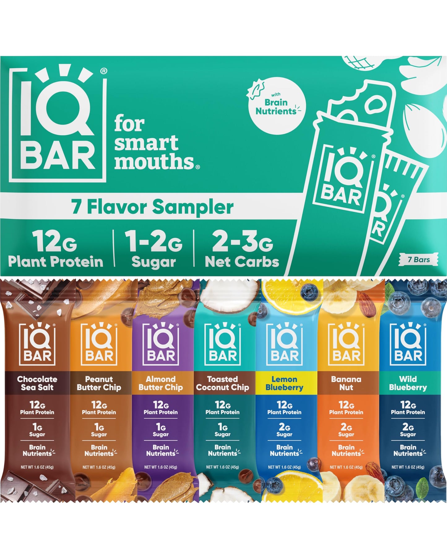 IQBAR Brain and Body Plant Protein Bars - 7 Bar Sampler Pack - Gluten Free, High Fiber, Vegan Snacks - Low Sugar Meal Replacement