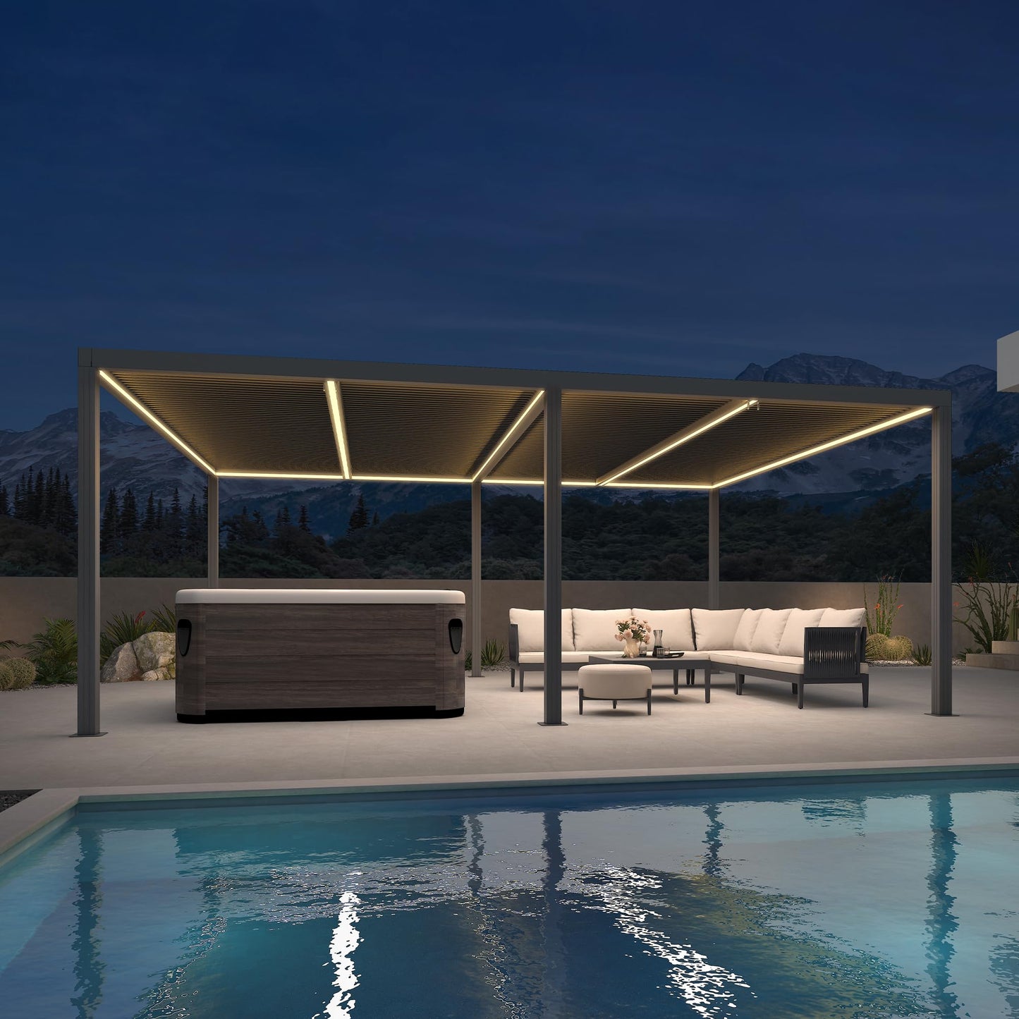 PURPLE LEAF Lamellenpergola 94AS, 3,3 x 4,3 m, Aluminium-Pergola für den Außenbereich mit Sonnenschutz, verstellbarem Dach für Terrasse, Hinterhof, grauer Pavillon mit festem Dach, 1 lange Seite und 2 kurze Seiten