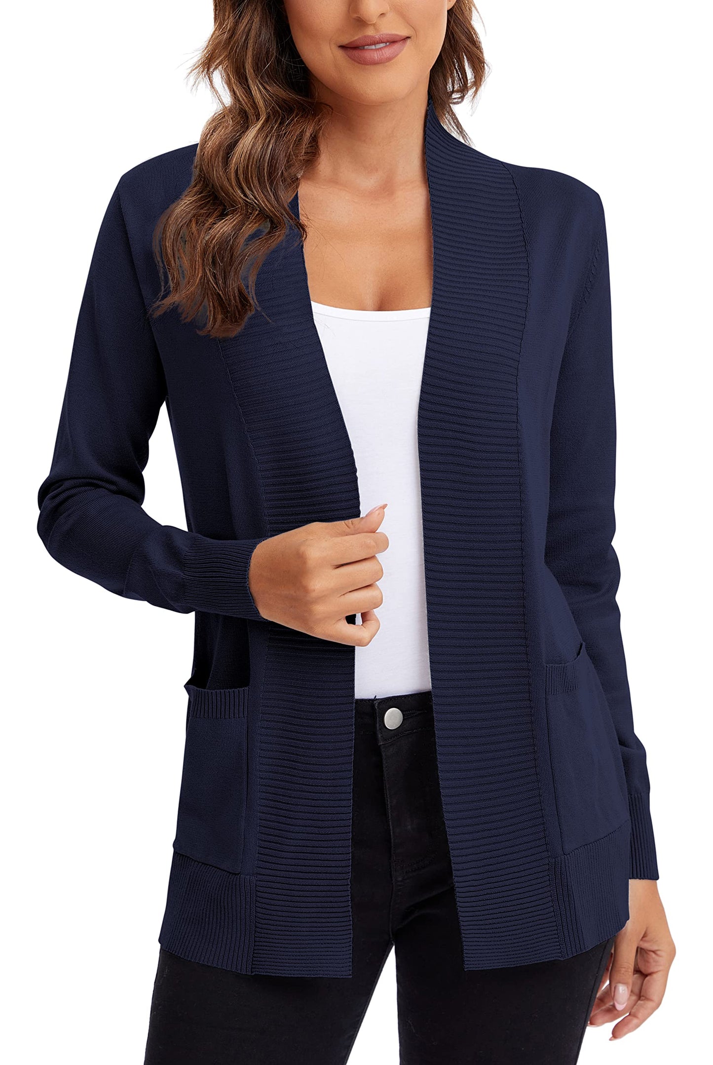 Urban CoCo Leichter Strickjacke für Damen mit offener Vorderseite, lange Ärmel, mit Tasche