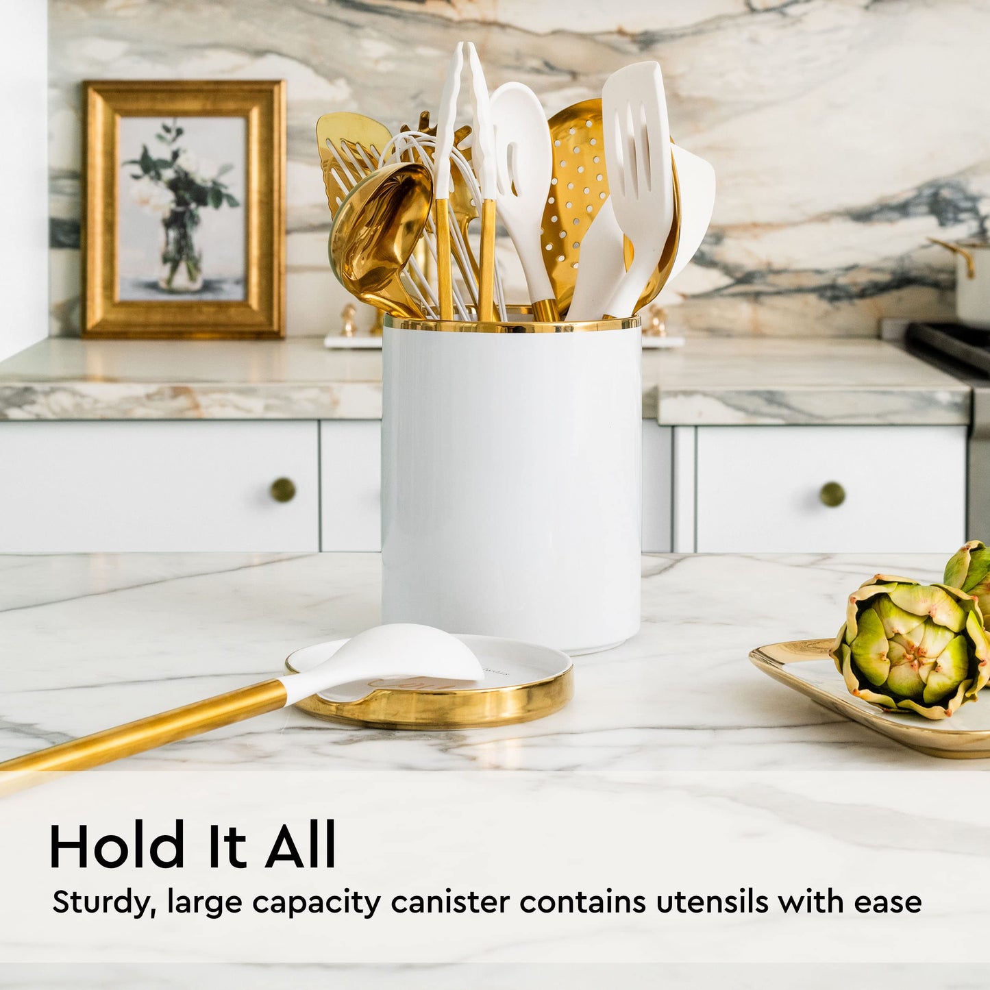 Ensemble d'ustensiles de cuisine en bois – Ensemble de 8 pièces comprenant des ustensiles de cuisine en bois et en or, un porte-ustensiles blanc et un repose-cuillère en bois – Ustensiles de cuisine durables et élégants pour cuisiner et servir