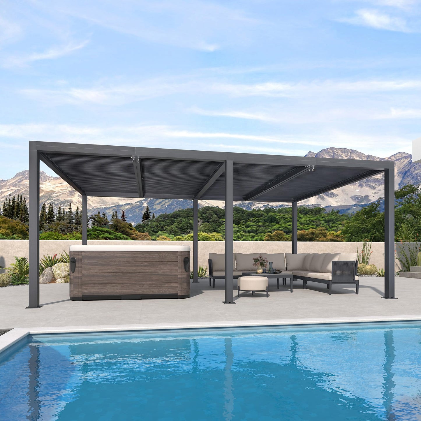 PURPLE LEAF Lamellenpergola 94AS, 3,3 x 4,3 m, Aluminium-Pergola für den Außenbereich mit Sonnenschutz, verstellbarem Dach für Terrasse, Hinterhof, grauer Pavillon mit festem Dach, 1 lange Seite und 2 kurze Seiten