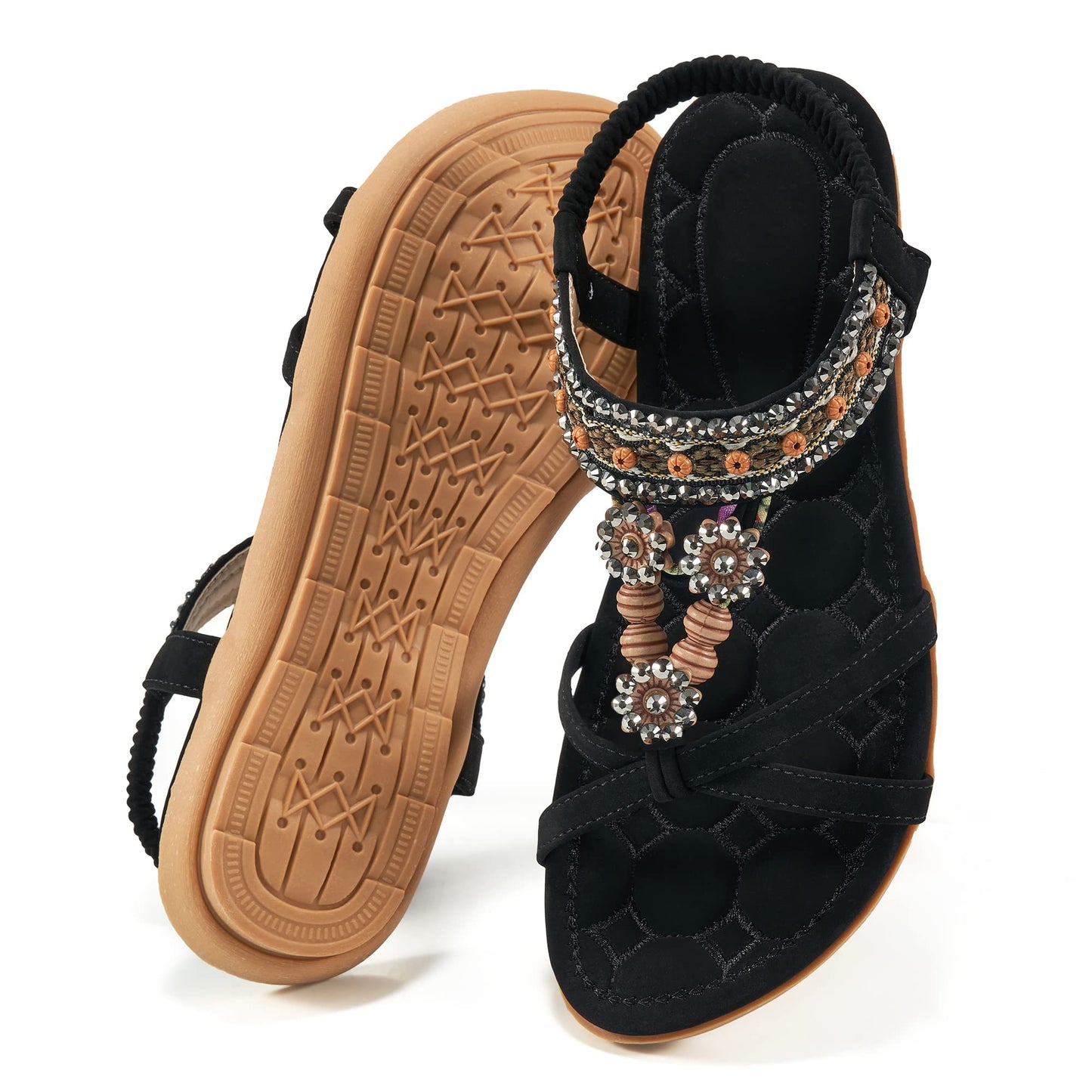 Elegante Damensandalen für den Sommer: Flache Schuhe, bequeme Bohemian-Sandalen mit elastischem Knöchelriemen, Strandsandalen für Damen
