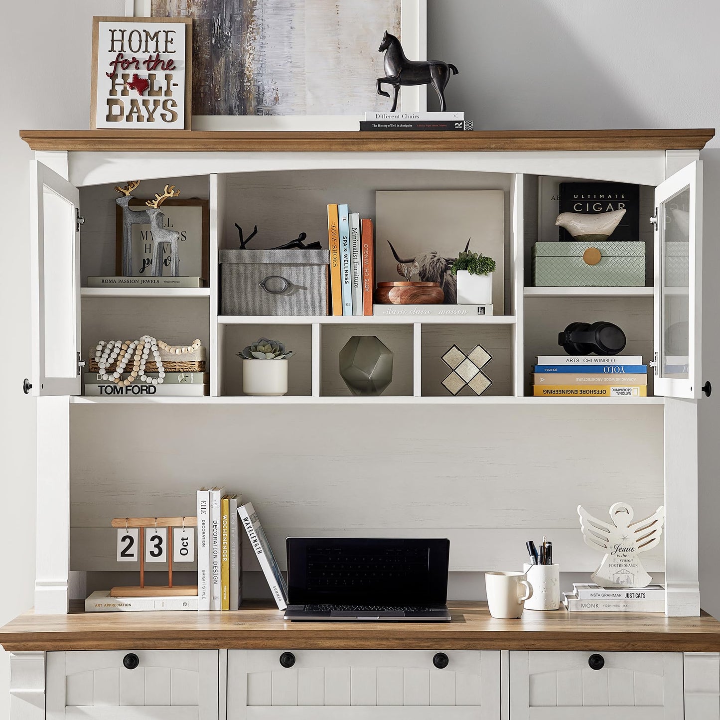 OKD 60-Zoll-Chefschreibtisch mit Schubladen, Home-Office-Schreibtisch im Landhausstil mit Ladestation, Tastaturablage, Aktenschrank-Aufbewahrung, Holz-Computertisch für Arbeit und Studium, Antikweiß