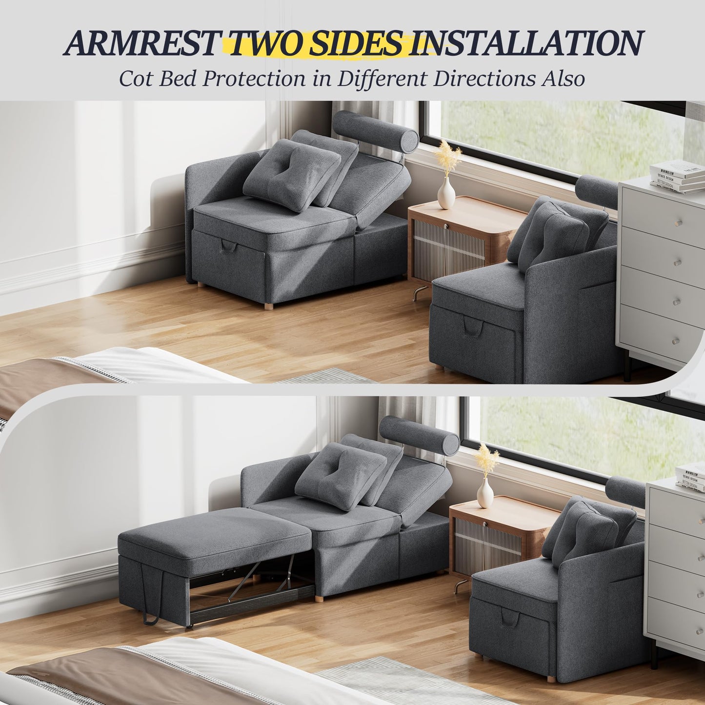 Schlafsofa, 4-in-1-Couch, umwandelbares Sofa, Zweisitzer-Couch aus Leinenstoff mit 2 Dekokissen, Einzel-Relaxsessel für kleine Räume mit 5-fach verstellbarer Rückenlehne