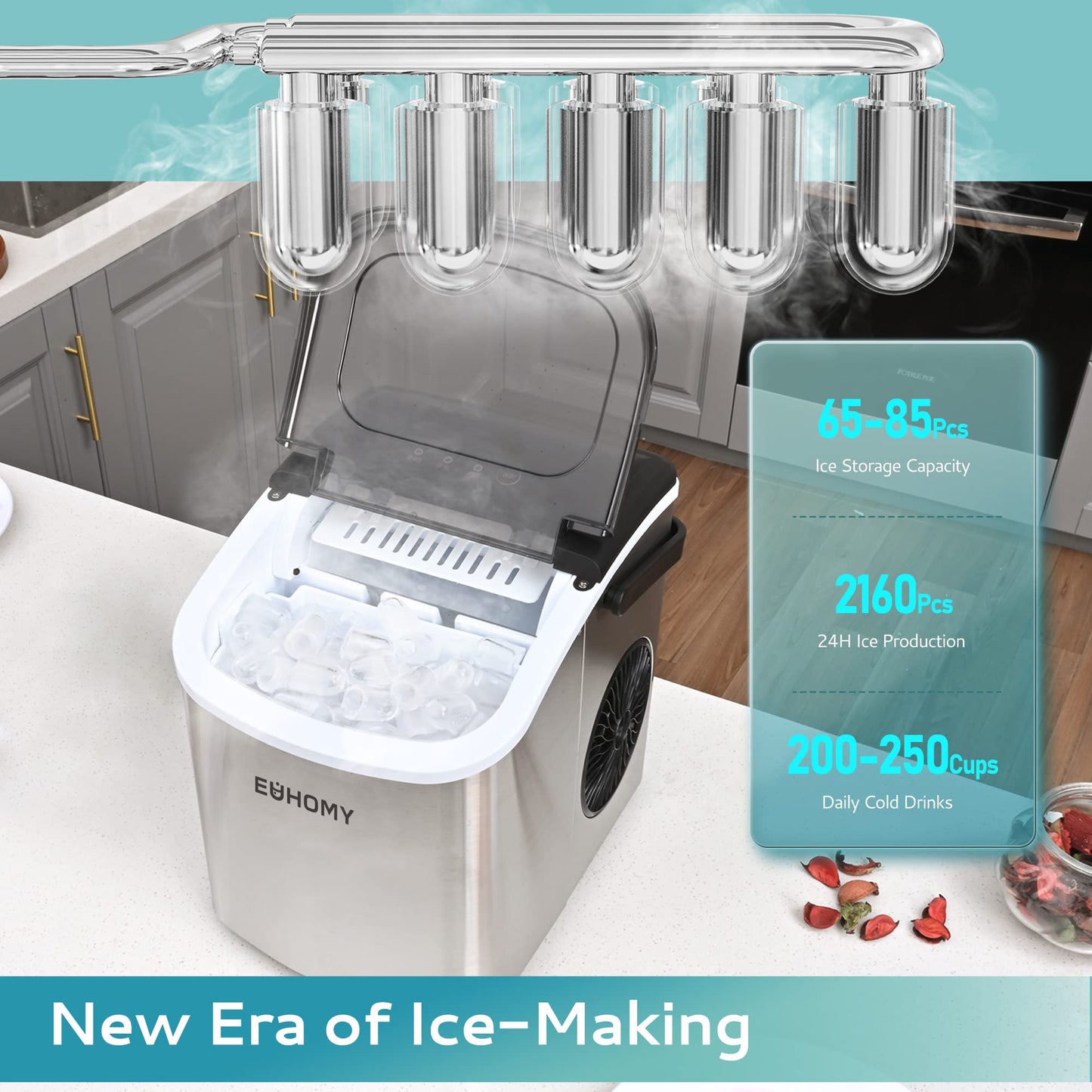 EUHOMY Countertop Ice Maker Machine with Handle, 26lbs in 24Hrs, 9 Ice Cubes Ready in 6 Mins, Auto-Cleaning Portable Ice Maker with Basket and Scoop, for Home/Kitchen/Camping/RV. (Black)