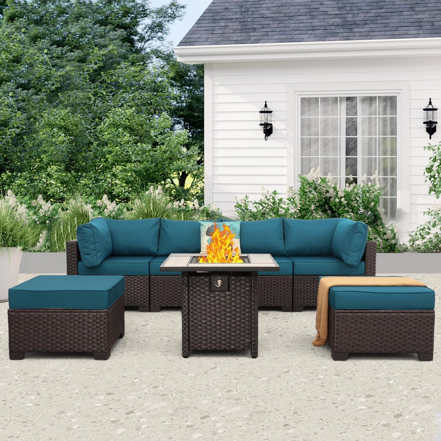 Outdoor Patio Dark Brown Rattan 7 Piece Sectional Set PE Wicker Conversation Sofa with Liftable Storage Table Non-Slip 5" Thick Royal Blue Cushion and Furniture Cover