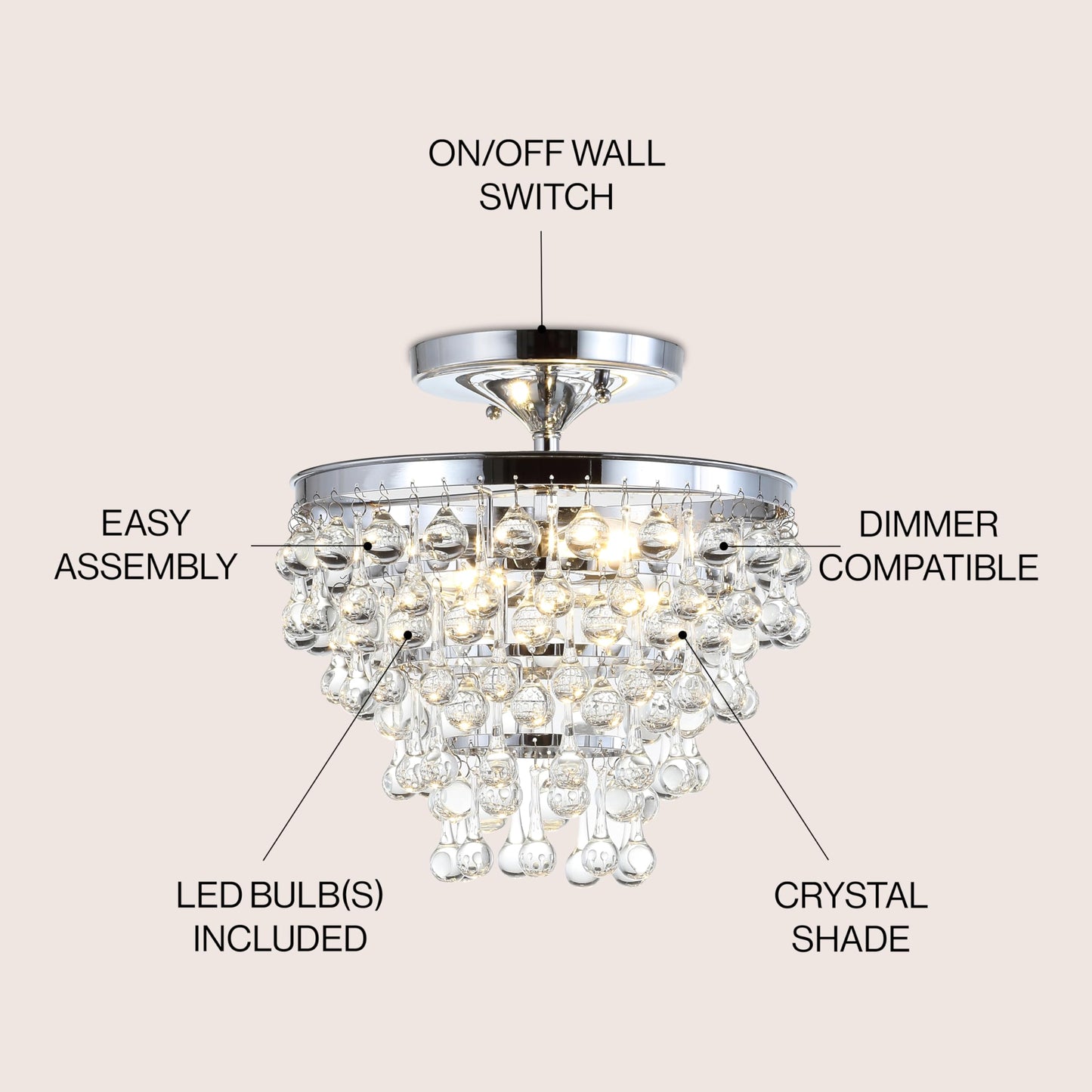 JONATHAN Y JYL9030B Toronto 16" Metall/Kristall LED Deckenleuchte, zeitgenössisch, modern, Übergangsstil, elegant, für Büro, Wohnzimmer, Familienzimmer, Esszimmer, Schlafzimmer, Flur, Foyer, Chrom