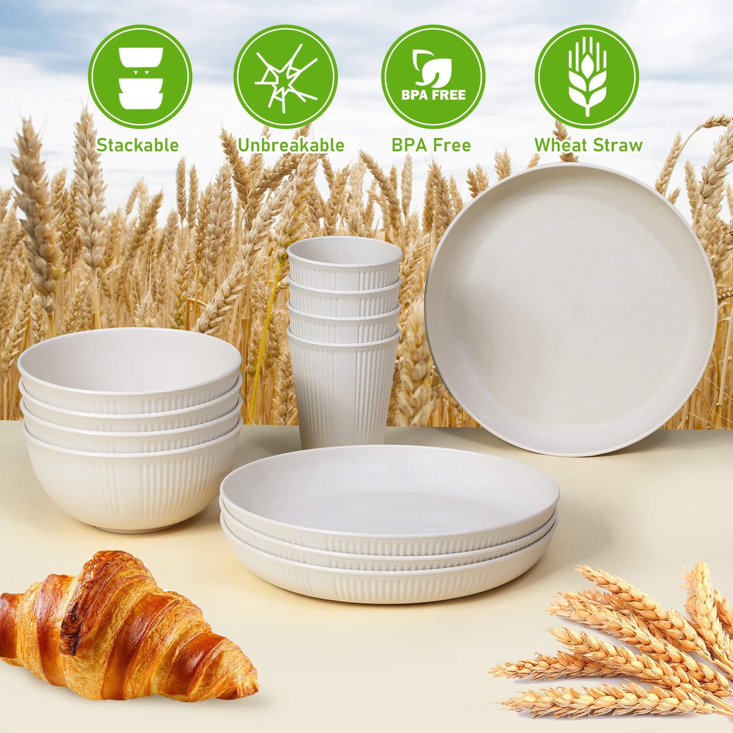 12pcs Wheat Straw Dinnerware Sets for 4, Kitchen Unbreakable Plates and Bowls Sets for College Dorm Apartment Reusable Beige