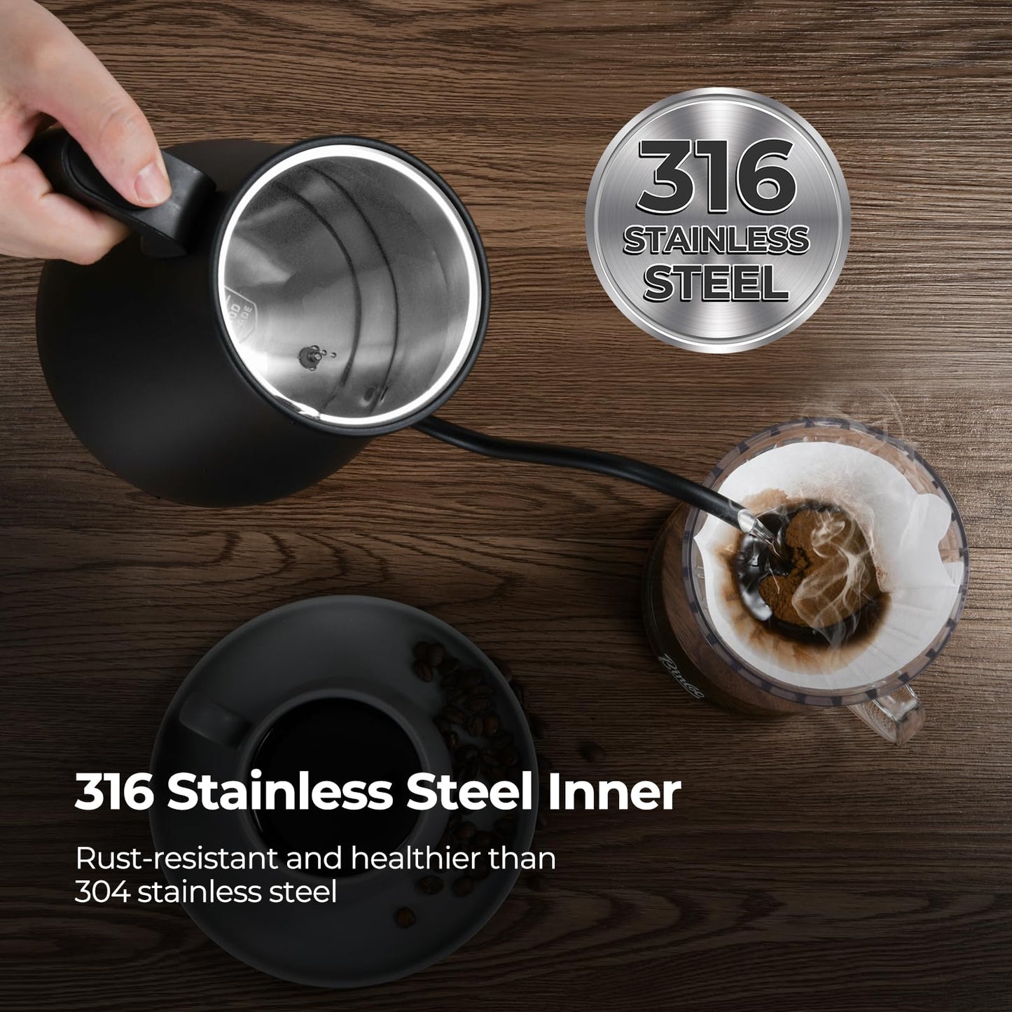 Gooseneck Electric Kettle, Electric Tea Kettle with ±1℉ Temperature Control, 1L/1200W Fast Boiling Water Kettle for Pour Over Coffee & Tea, 316 Stainless Steel Inner, Auto Shut-Off, Black