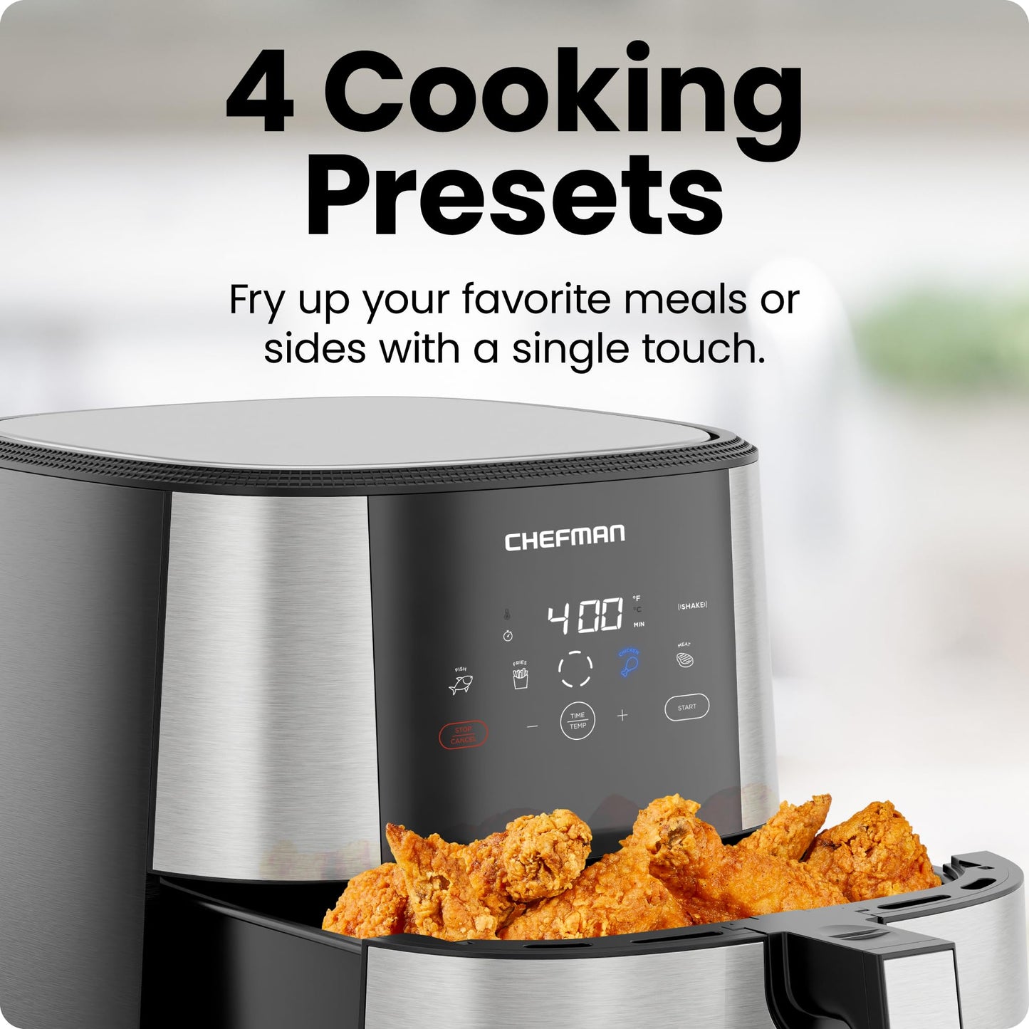 Chefman TurboFry® Touch Heißluftfritteuse, XL 8-Qt Familiengröße, digitale One-Touch-Voreinstellungen, Pommes Frites, Hähnchen, Fleisch, Fisch, antihaftbeschichtete, spülmaschinenfeste Teile, automatische Abschaltung, Edelstahl