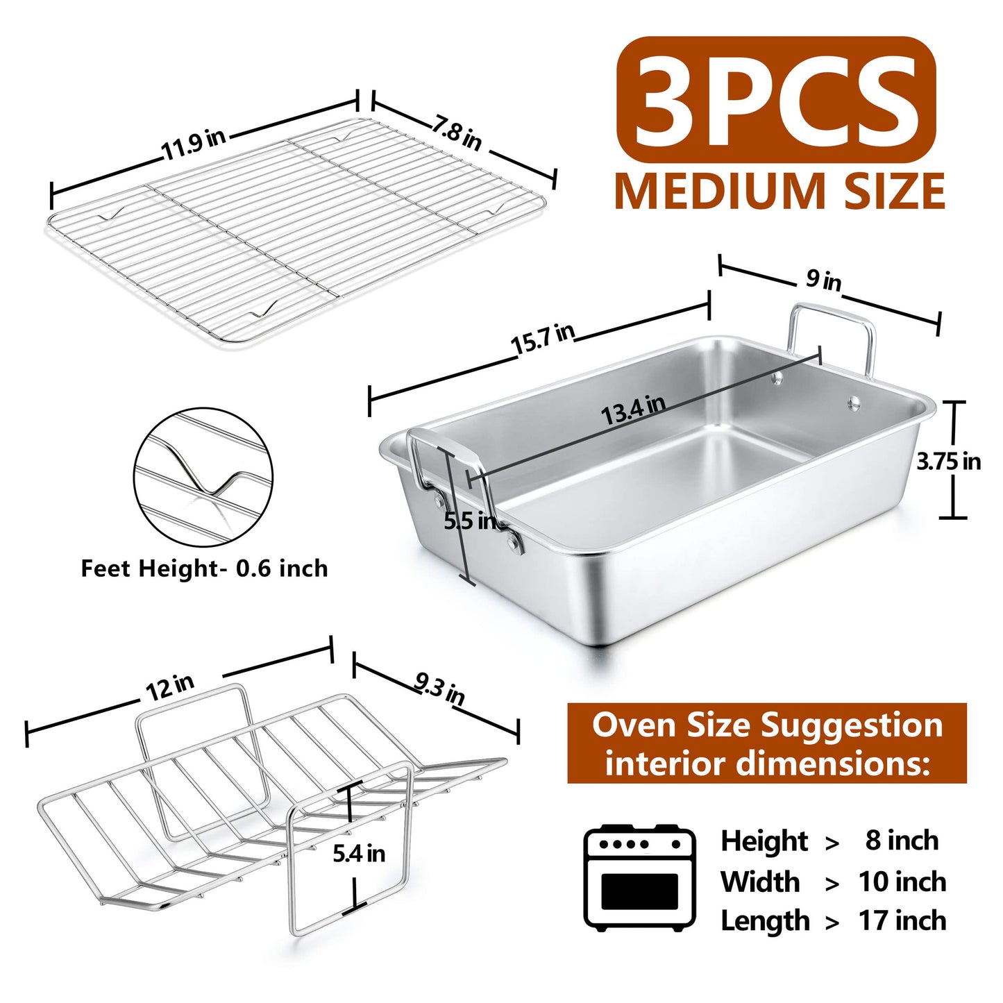15.3 Inch Roasting Pan with Rack Set of 3(Deep Broiling Pan & V-shaped Rack & Flat Cooling Rack), Herogo Stainless Steel Turkey Roaster Pan for Thanksgiving Christmas, Dishwasher Safe
