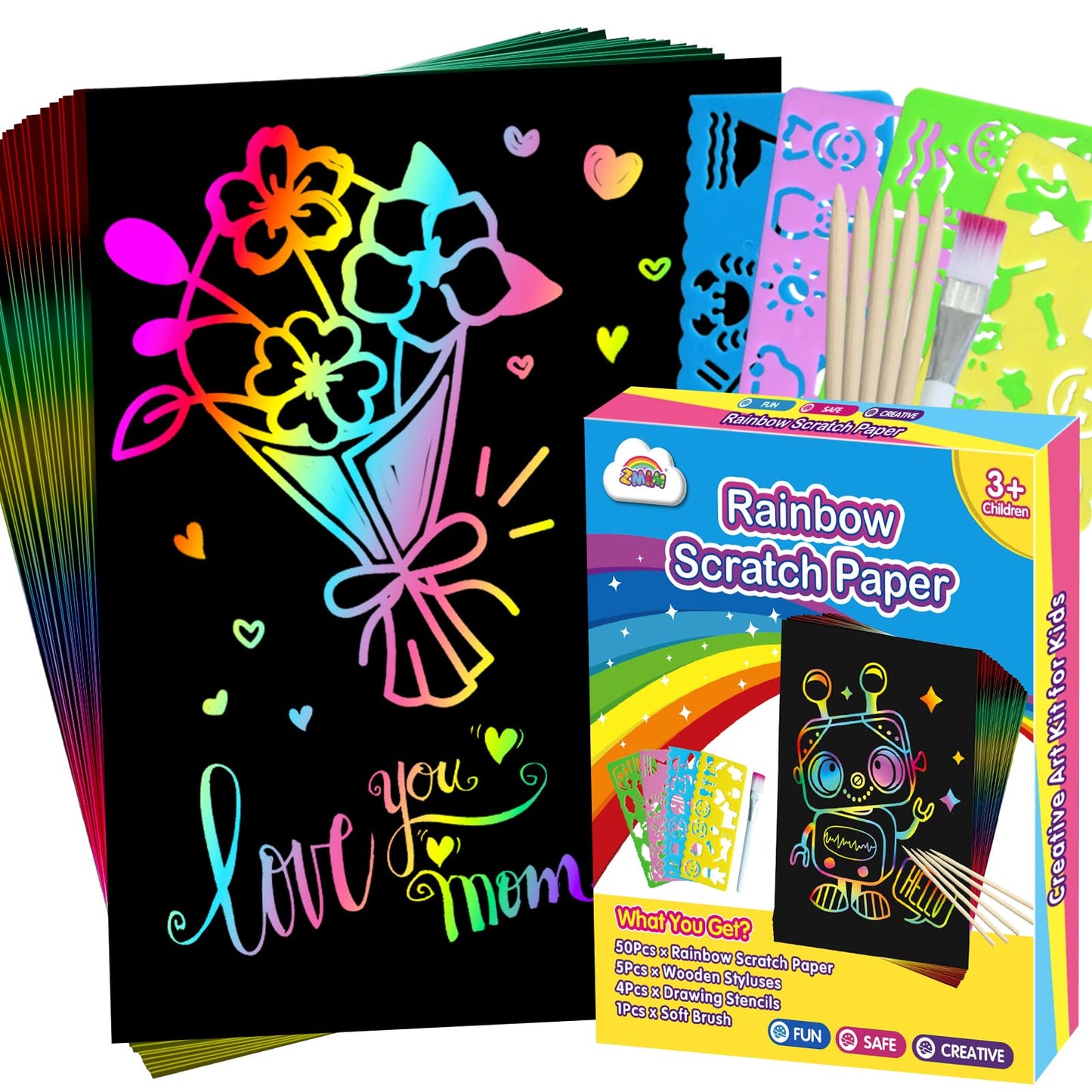 ZMLM Scratch Art Crafts Boys Gifts, Rainbow Scratch Paper Art Gifts for 3 4 5 6 7 8 9 10 Years Old Girls and Boys Kids, Mother Day Crafts for Kids Birthday Toys and Games Activities Gift (Blue)