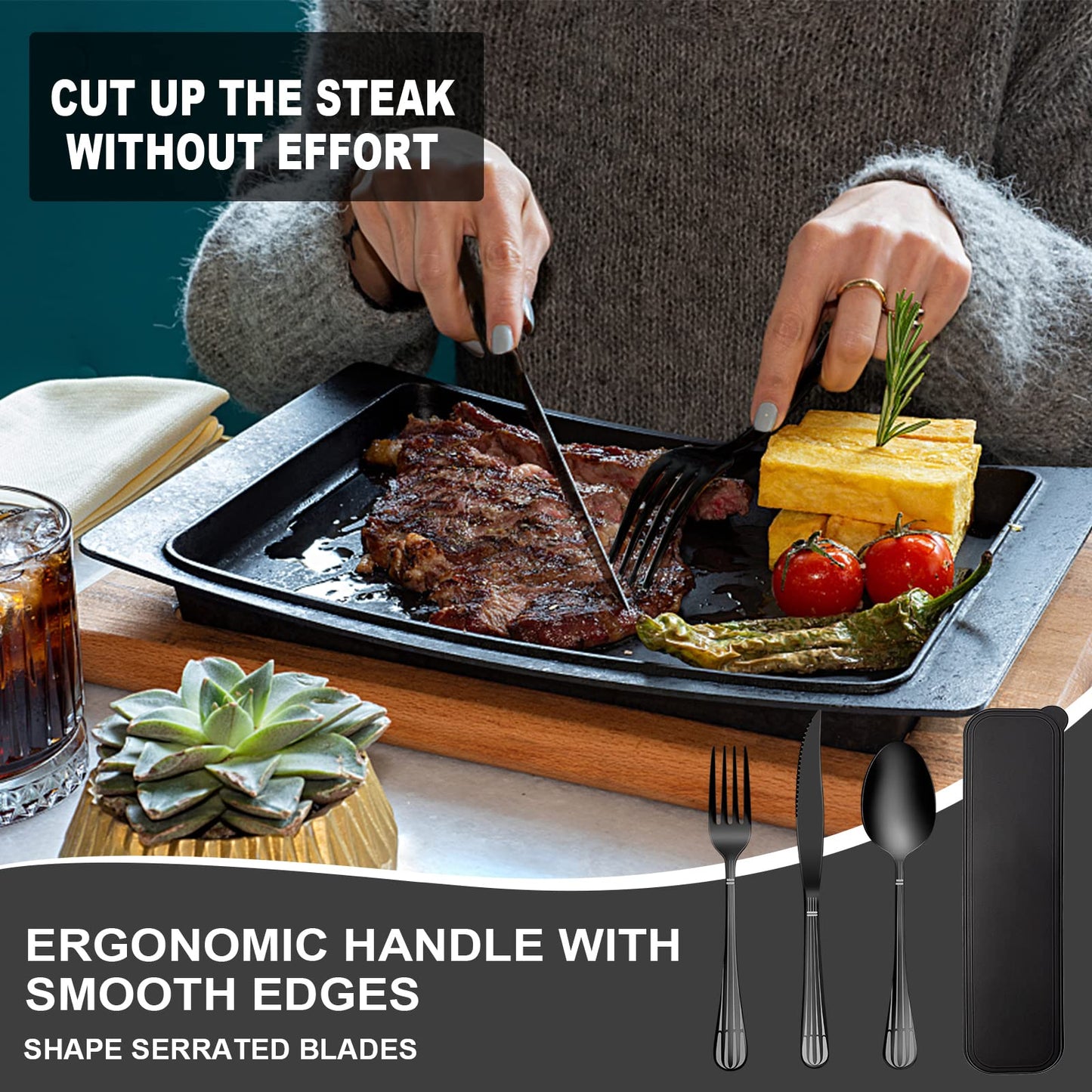 Portable Travel Utensils Set, 18/8 Stainless Steel 3 PCS Cutlery Set Including Knife Fork and Spoon, Reusable Travel Silverware Set with Case for Lunch Box Camping School Office