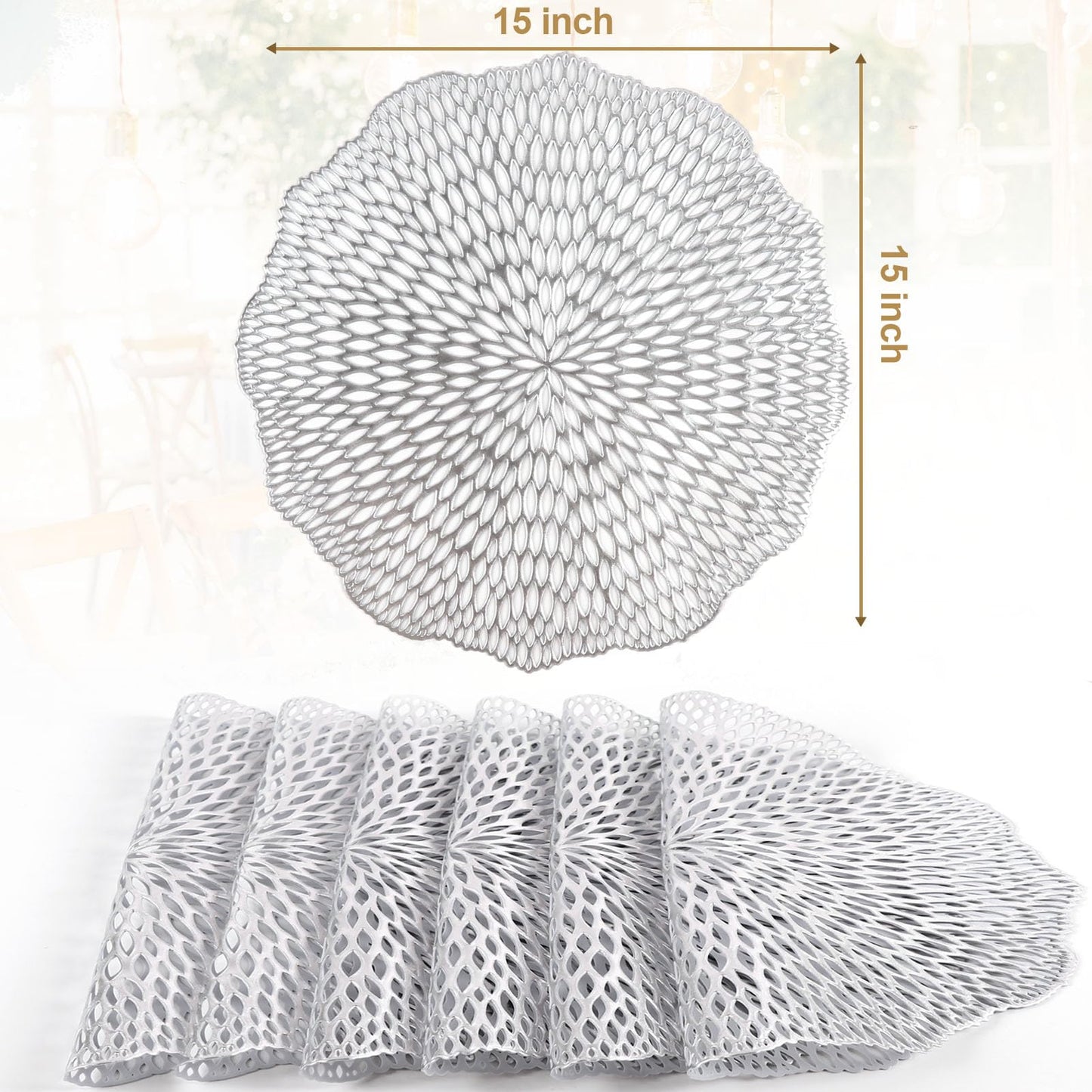 Tischsets, 6er-Set, runde Tischsets mit ausgehöhlten Blumen für den Esstisch, gepresstes Vinyl, Tischsets mit blühenden Blättern für Feiertage, Partys, Hochzeiten, Akzente, Tafelaufsätze, Tischdekoration (Gold)