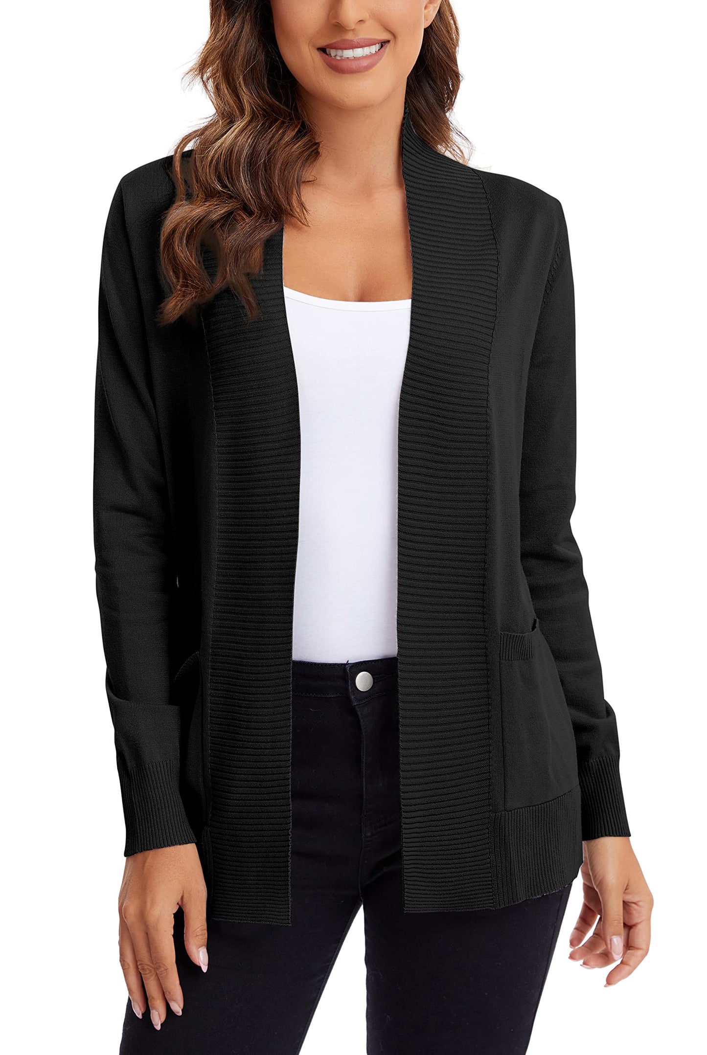 Urban CoCo Leichter Strickjacke für Damen mit offener Vorderseite, lange Ärmel, mit Tasche