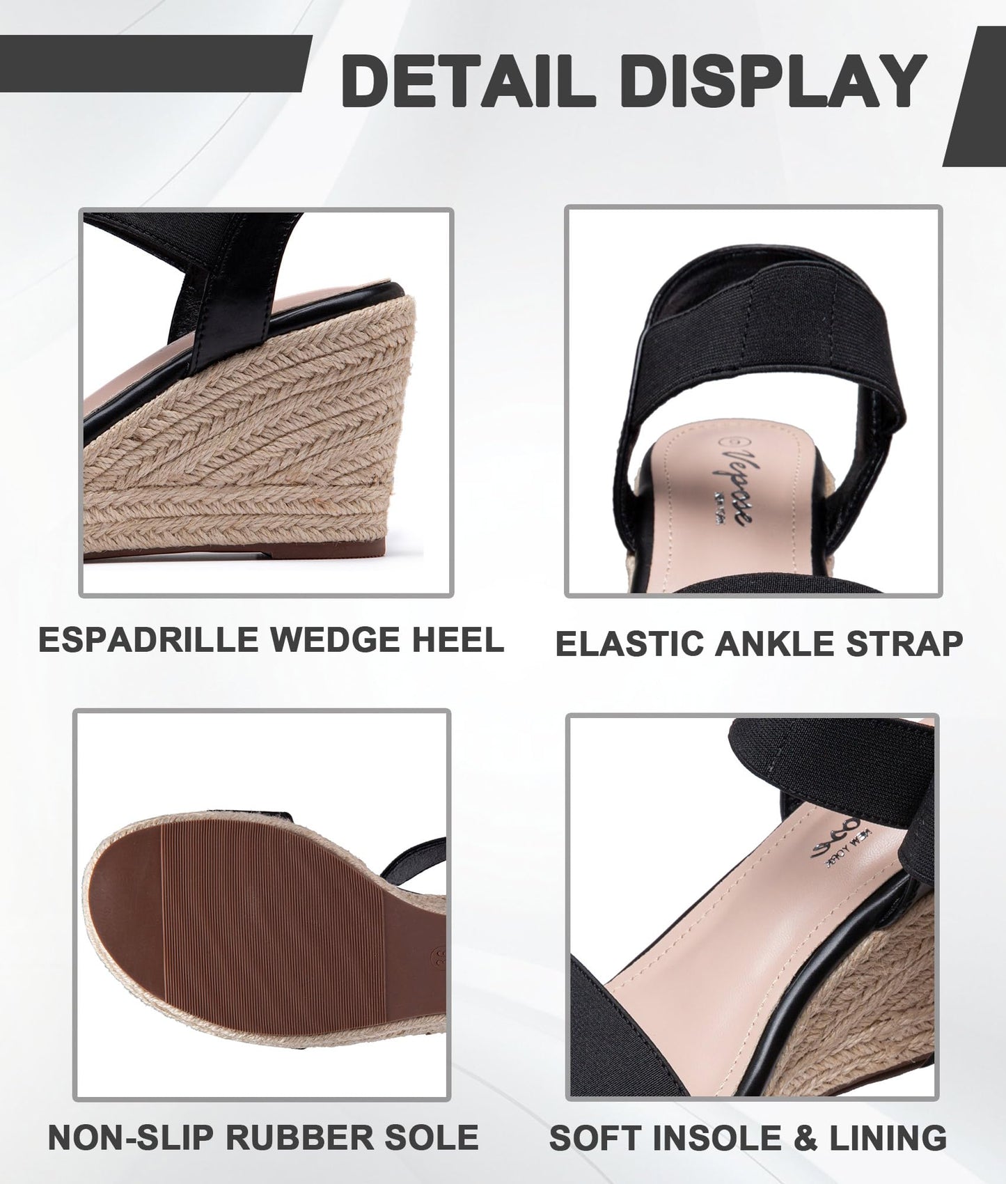 Vepose Damen 881 Keilsandalen Elastischer Fesselriemen Espadrilles Plateau Offene Zehenpartie High Heel Stretch Textil Brautschuhe