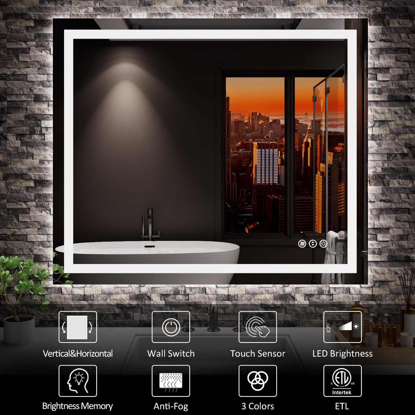 Amorho 20"x 28" LED Bathroom Mirror with Black Frame, Front Light and Backlit(Controlled Separately), Stepless Dimmable, Anti-Fog, Shatter-Proof, 3 Colors, Memory