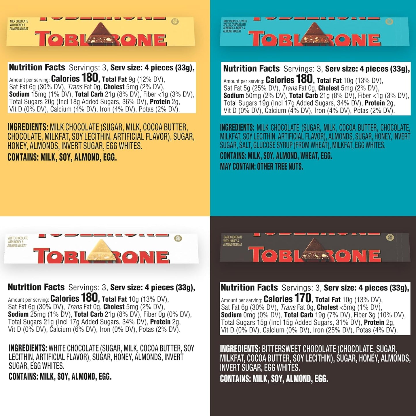 Toblerone Chocolate Variety Pack (Milk Chocolate, Dark Chocolate, White Chocolate, & Milk Chocolate with Salted Caramelized Almonds), Easter Chocolate, 12 - 3.52 oz Bars