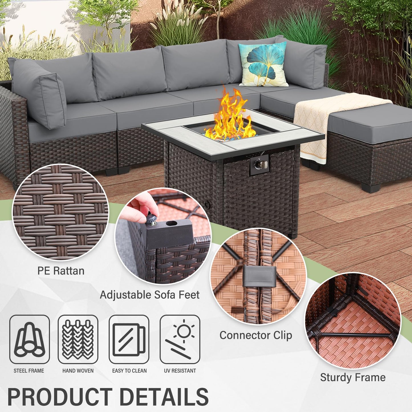 Outdoor Patio Dark Brown Rattan 7 Piece Sectional Set PE Wicker Conversation Sofa with Liftable Storage Table Non-Slip 5" Thick Royal Blue Cushion and Furniture Cover
