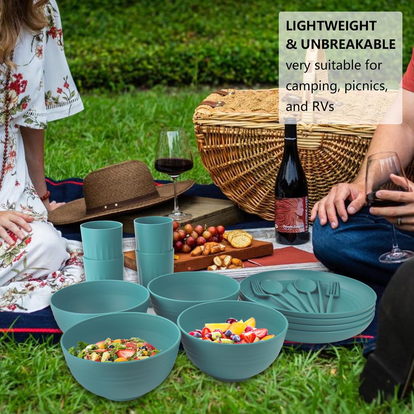 28 Piece Wheat Straw Dinnerware Sets,Dishwasher & Microwave Safe Plates and Bowls Sets - Unbreakable Plastic Dinnerware Sets for 4 Dinner Plates, Cups, Cereal Bowls - Colorful Series