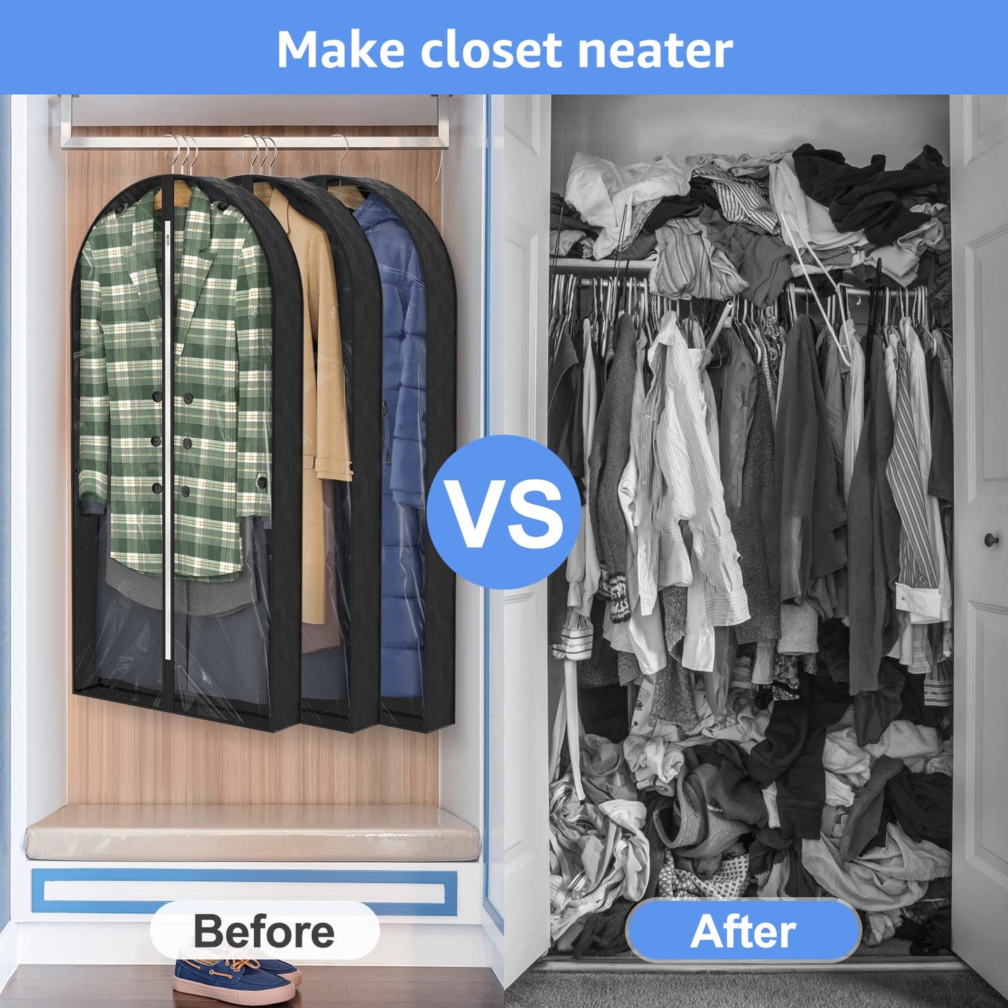 Sacs à vêtements transparents de 50 po pour suspendre des vêtements dans un placard avec soufflets de 4 po, sac de protection pour costumes pour robes, manteaux longs, vestes, pulls, chemises, 3 paquets, noir