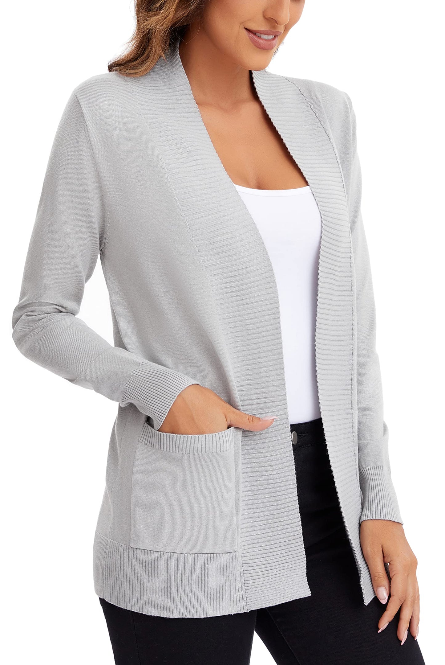 Urban CoCo Leichter Strickjacke für Damen mit offener Vorderseite, lange Ärmel, mit Tasche