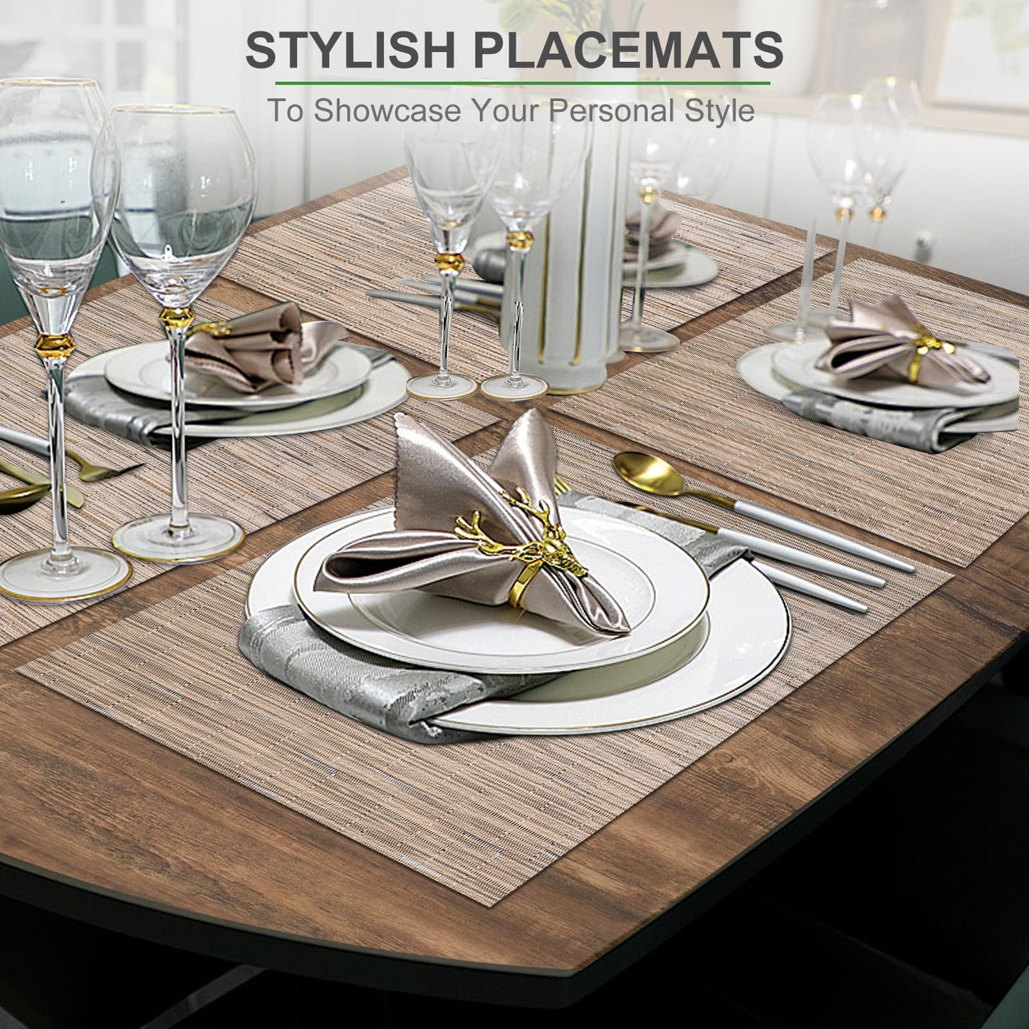 Tischsets 6er-Set, gewebtes Vinyl-Tischset für Esstisch, waschbar, abwischbar, Küchentischsets, strapazierfähige Tischsets für drinnen und draußen, 01 Beige, 6 Stück