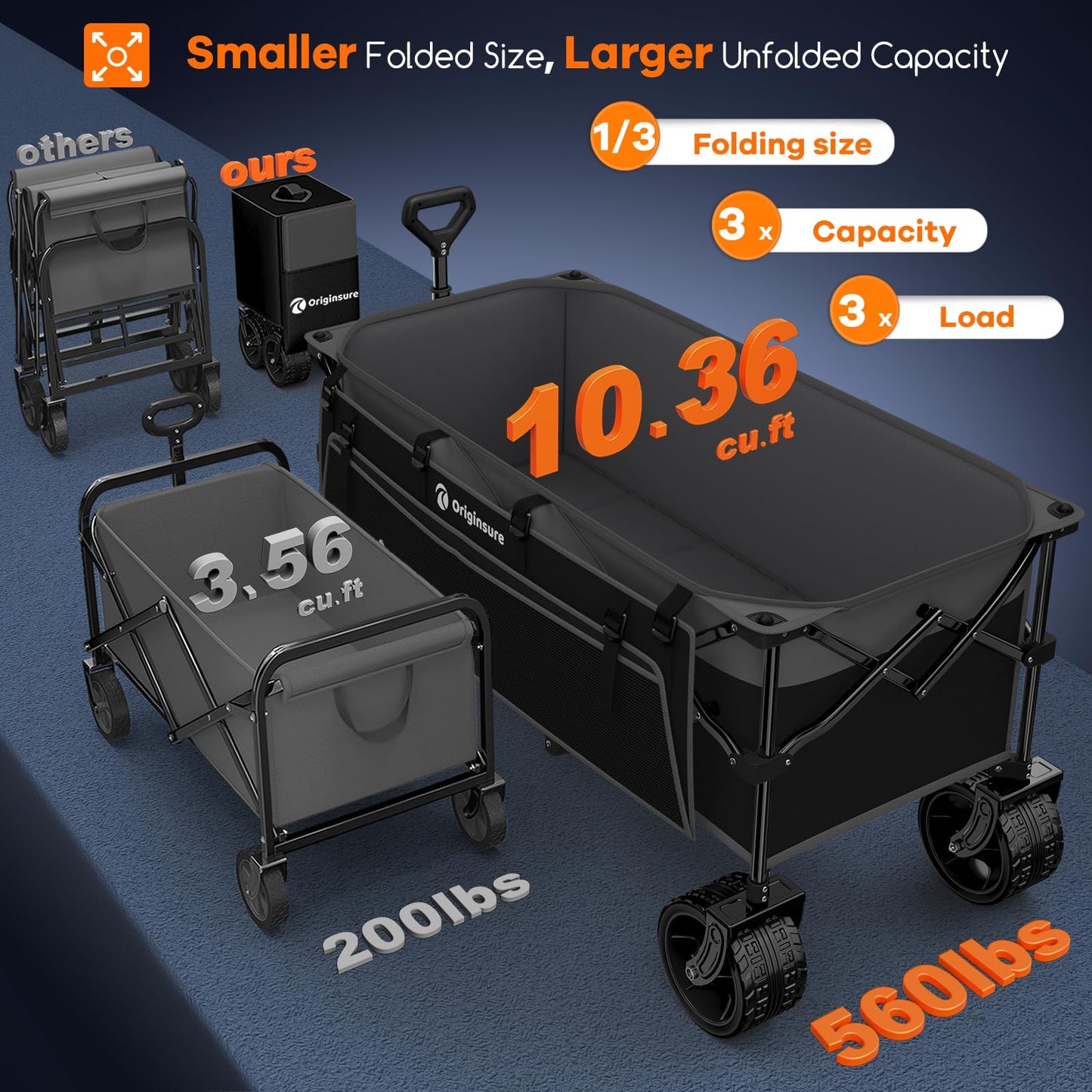 48" L Collapsible Wagon Cart Foldable, 560LB Weight Capacity 300L Heavy Duty Folding Beach Wagons with Big All-Terrain Wheels, Utility Carts for Groceries, Shopping, Camping, Sports - Black