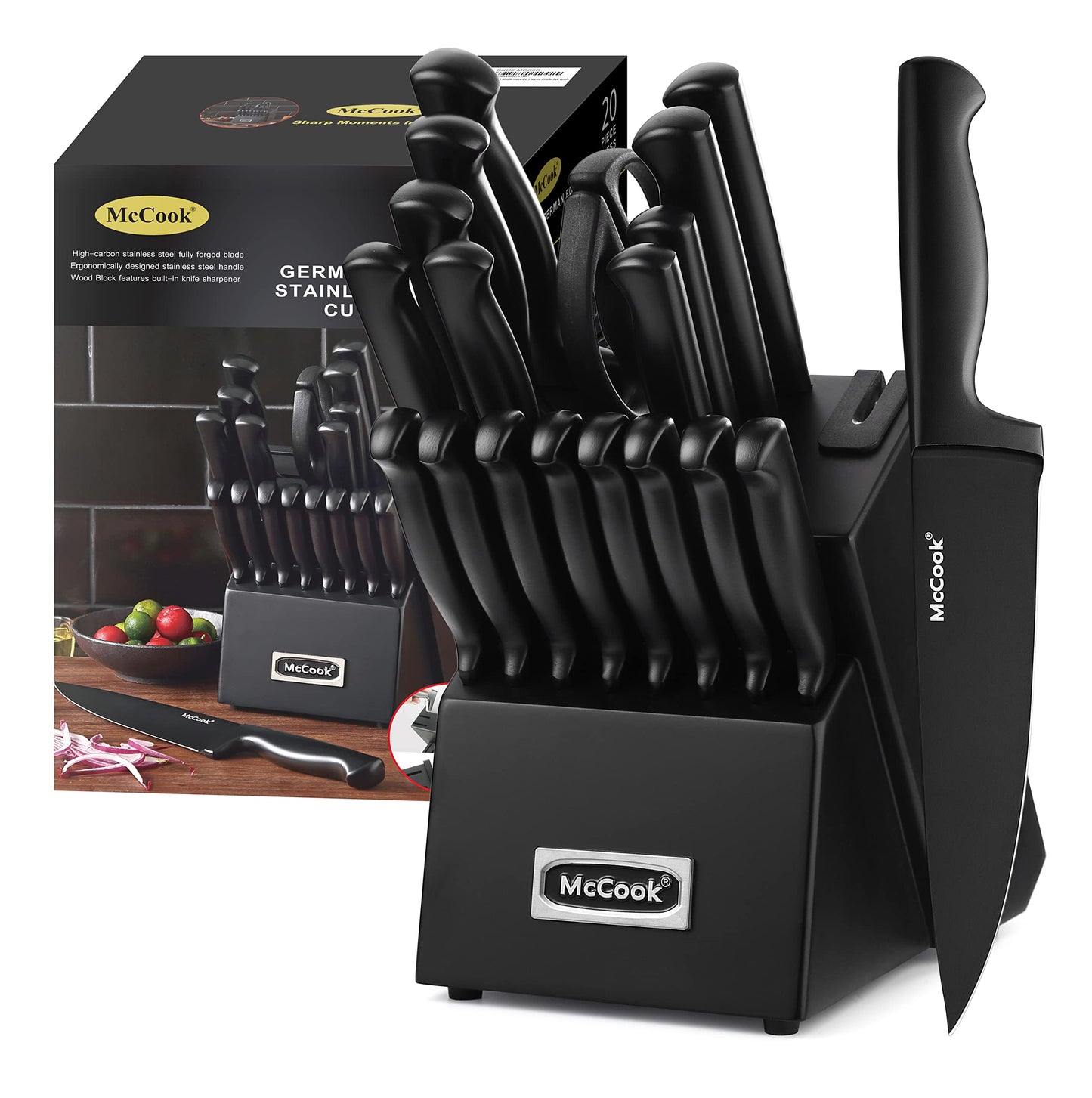 McCook® Knife Sets, Golden Titanium Stainless Steel Kitchen Knife Block Sets with Built-in Sharpener
